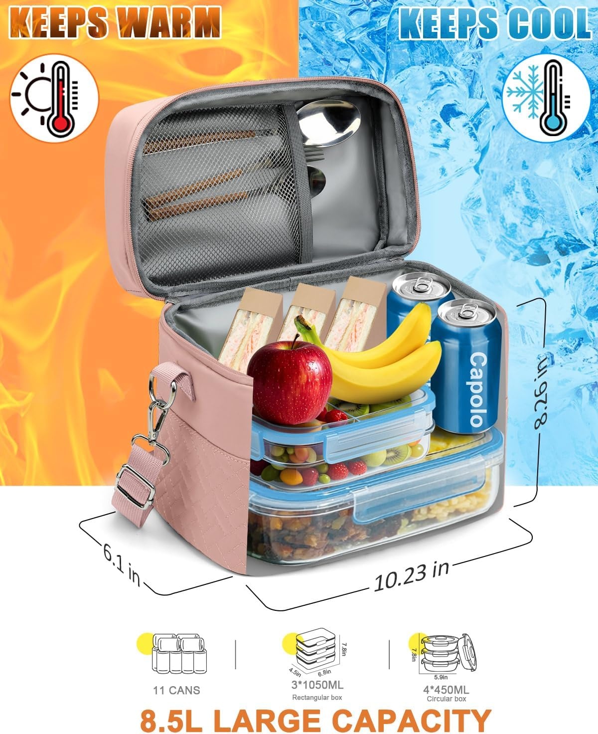 image:imageCapolo Lunch Box for Women Men AdultsInsulated Lunch Bag Leakproof Lunch Cooler Box with Removable Strap Cute Lunch Tote Bags Reusable Thermal Lunchbox for School Work PicnicSmallBeigePink