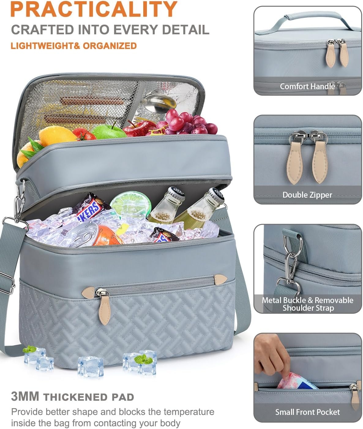 image:imageCapolo Lunch Box for Women Men AdultsInsulated Lunch Bag Leakproof Lunch Cooler Box with Removable Strap Cute Lunch Tote Bags Reusable Thermal Lunchbox for School Work PicnicSmallBeigeBlue