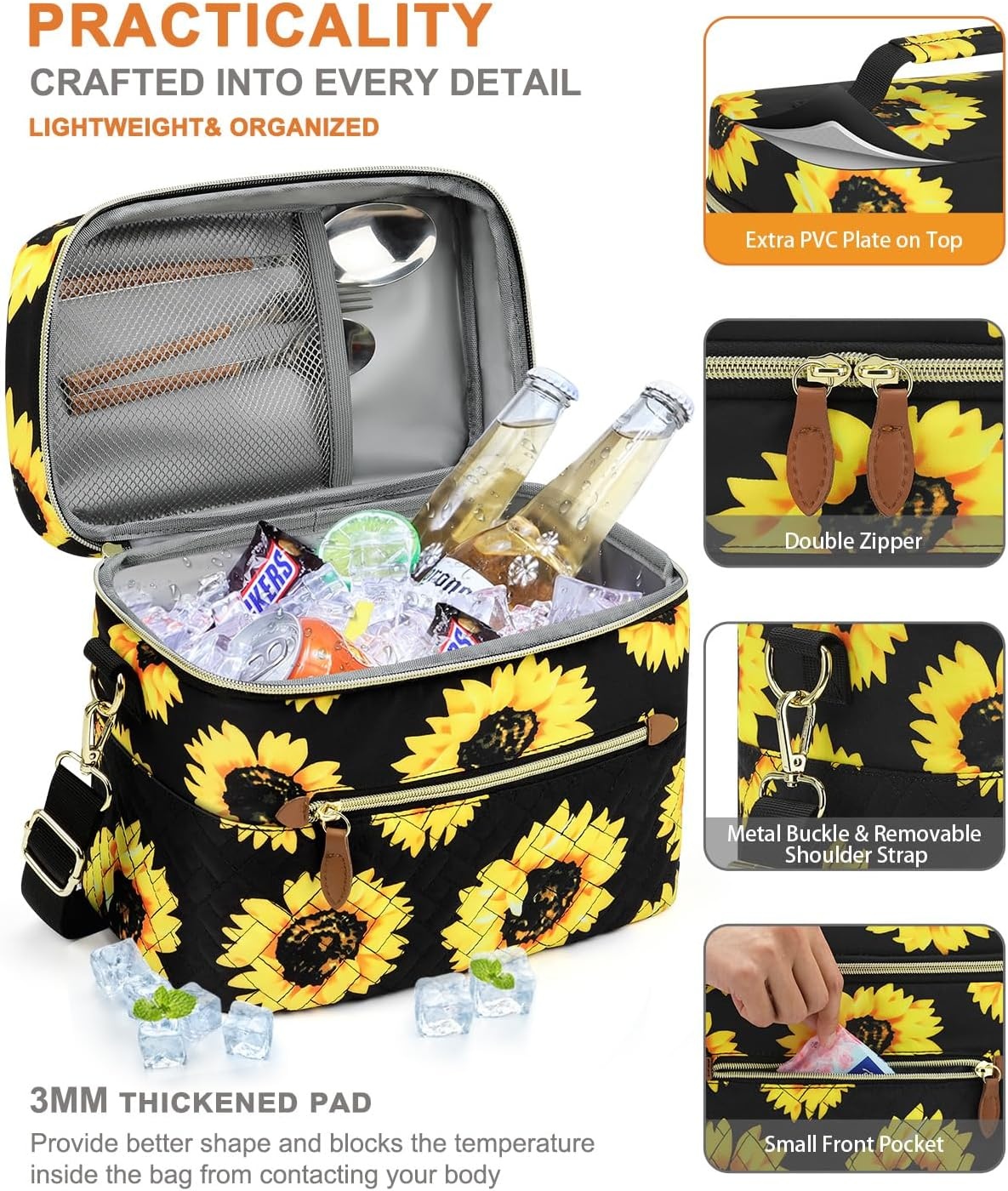 image:imageCapolo Lunch Box for Women Men AdultsInsulated Lunch Bag Leakproof Lunch Cooler Box with Removable Strap Cute Lunch Tote Bags Reusable Thermal Lunchbox for School Work PicnicSmallBeigeSunflower