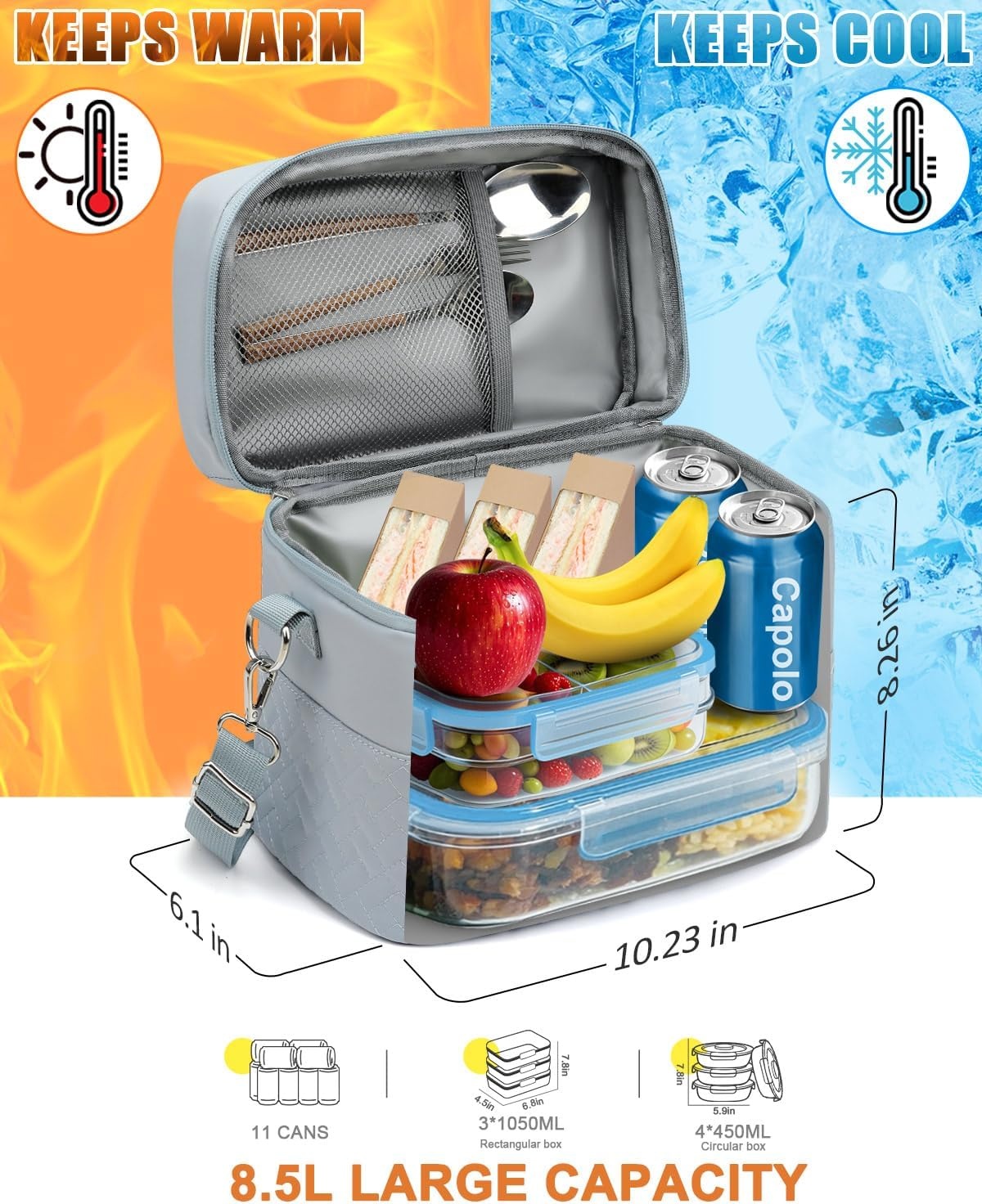 image:imageCapolo Lunch Box for Women Men AdultsInsulated Lunch Bag Leakproof Lunch Cooler Box with Removable Strap Cute Lunch Tote Bags Reusable Thermal Lunchbox for School Work PicnicSmallBeigeBlue