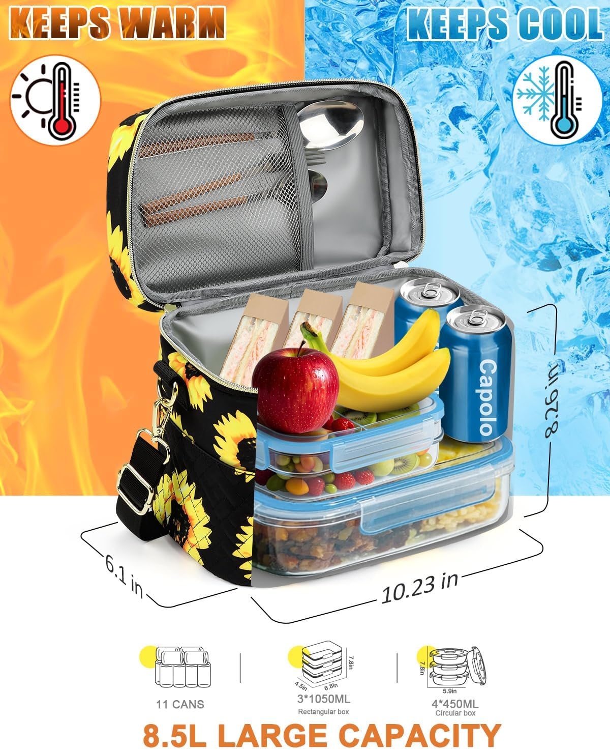 image:imageCapolo Lunch Box for Women Men AdultsInsulated Lunch Bag Leakproof Lunch Cooler Box with Removable Strap Cute Lunch Tote Bags Reusable Thermal Lunchbox for School Work PicnicSmallBeigeSunflower
