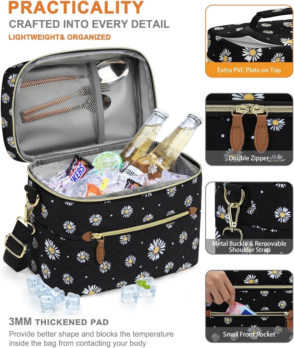 image:imageCapolo Lunch Box for Women Men AdultsInsulated Lunch Bag Leakproof Lunch Cooler Box with Removable Strap Cute Lunch Tote Bags Reusable Thermal Lunchbox for School Work PicnicSmallBeigeBlack Flower