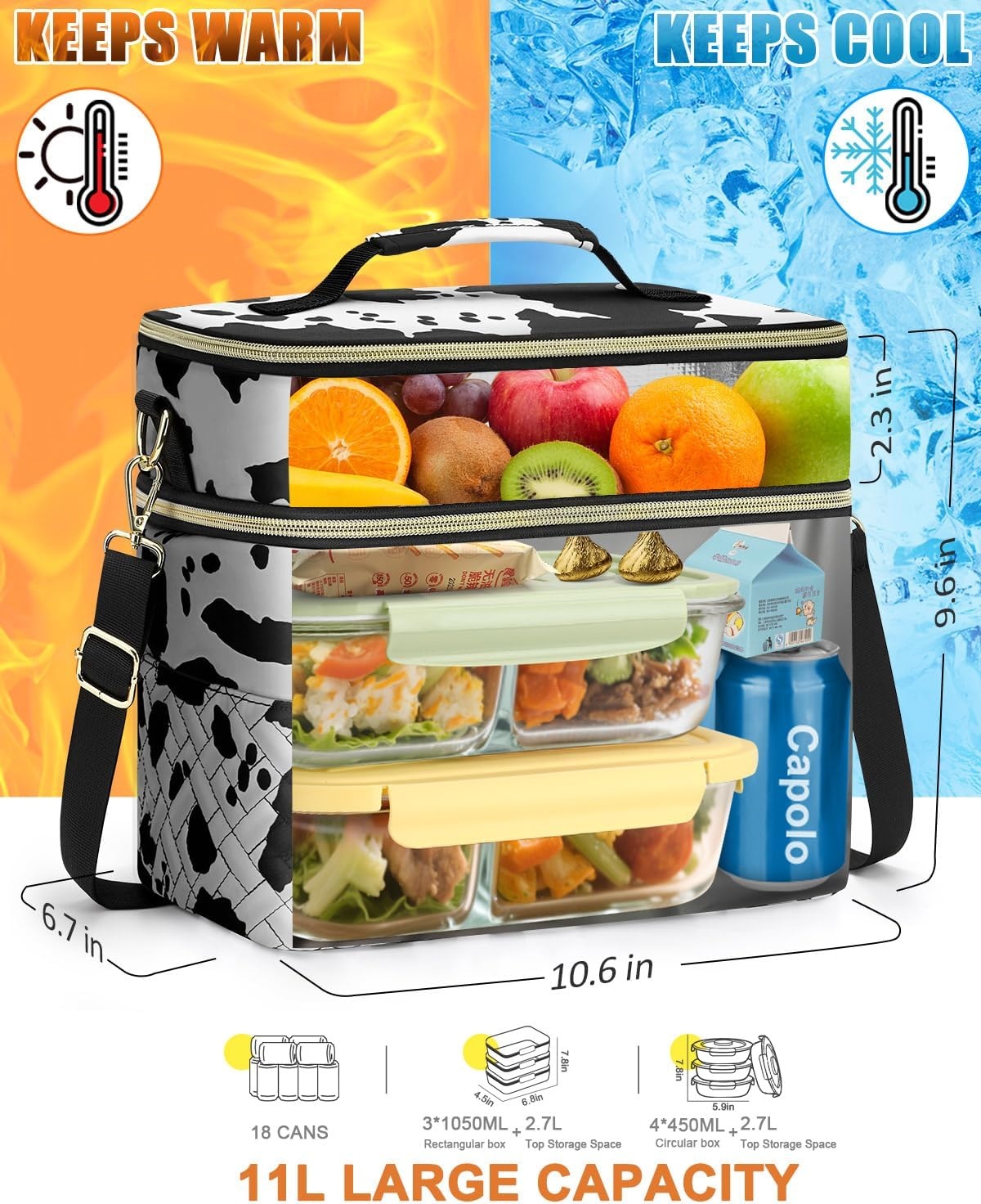 image:imageCapolo Lunch Box for Women Men AdultsInsulated Lunch Bag Leakproof Lunch Cooler Box with Removable Strap Cute Lunch Tote Bags Reusable Thermal Lunchbox for School Work PicnicSmallBeigeCow print