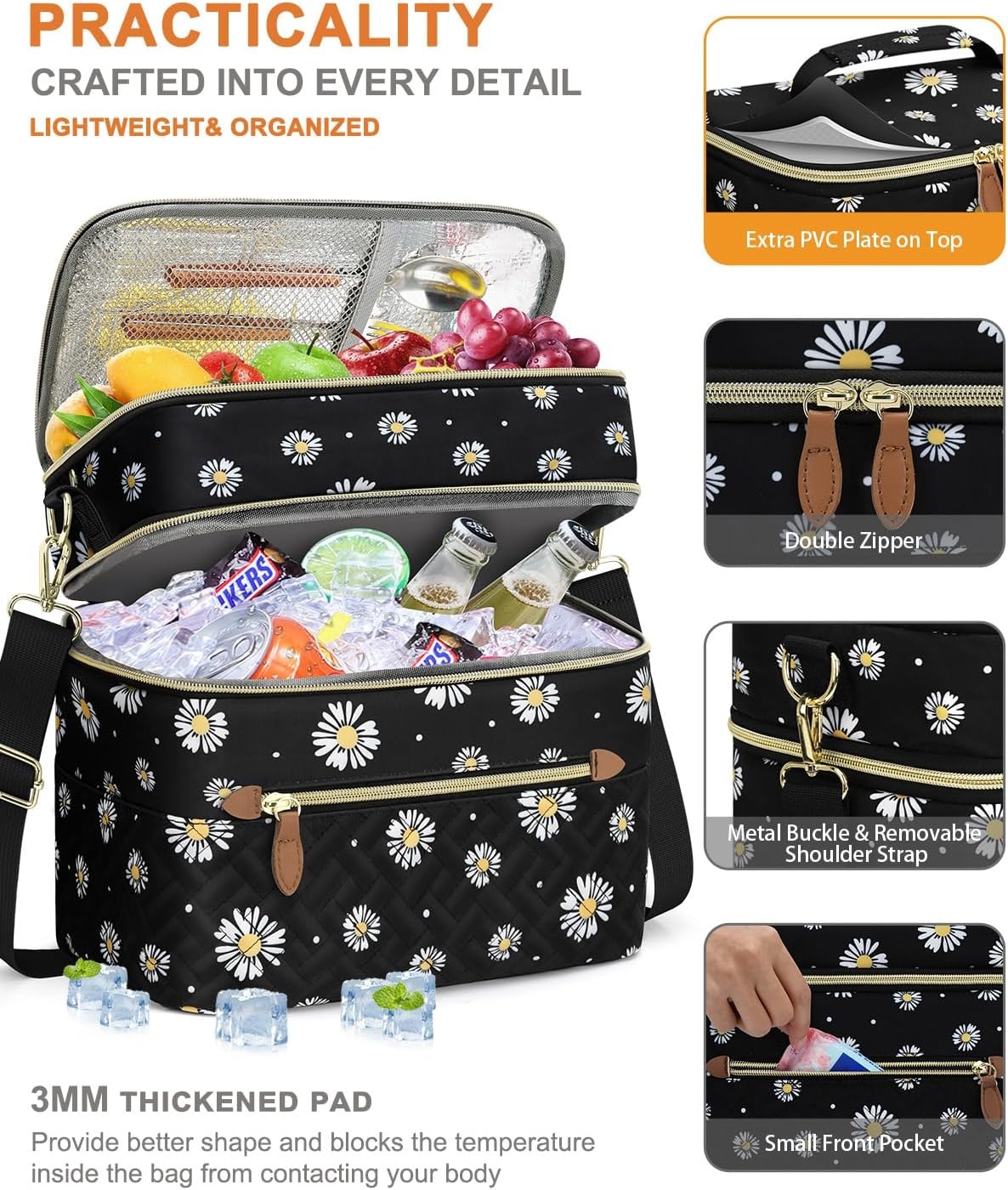 image:imageCapolo Lunch Box for Women Men AdultsInsulated Lunch Bag Leakproof Lunch Cooler Box with Removable Strap Cute Lunch Tote Bags Reusable Thermal Lunchbox for School Work PicnicSmallBeigeBlack Flower