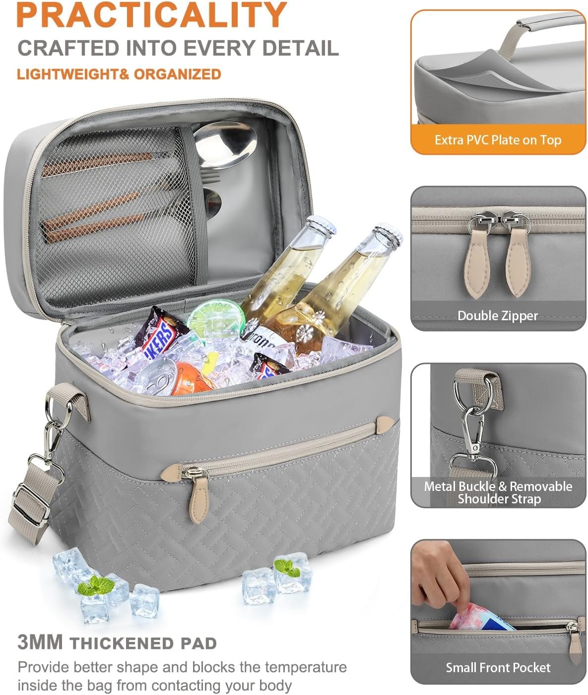 image:imageCapolo Lunch Box for Women Men AdultsInsulated Lunch Bag Leakproof Lunch Cooler Box with Removable Strap Cute Lunch Tote Bags Reusable Thermal Lunchbox for School Work PicnicSmallBeigeGray
