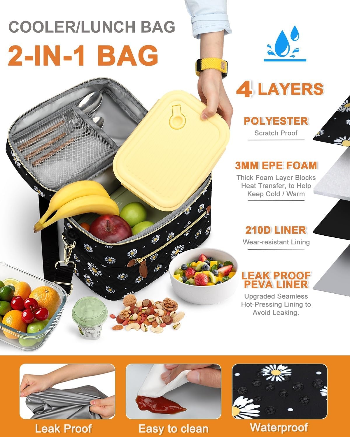 image:imageCapolo Lunch Box for Women Men AdultsInsulated Lunch Bag Leakproof Lunch Cooler Box with Removable Strap Cute Lunch Tote Bags Reusable Thermal Lunchbox for School Work PicnicSmallBeigeBlack Flower