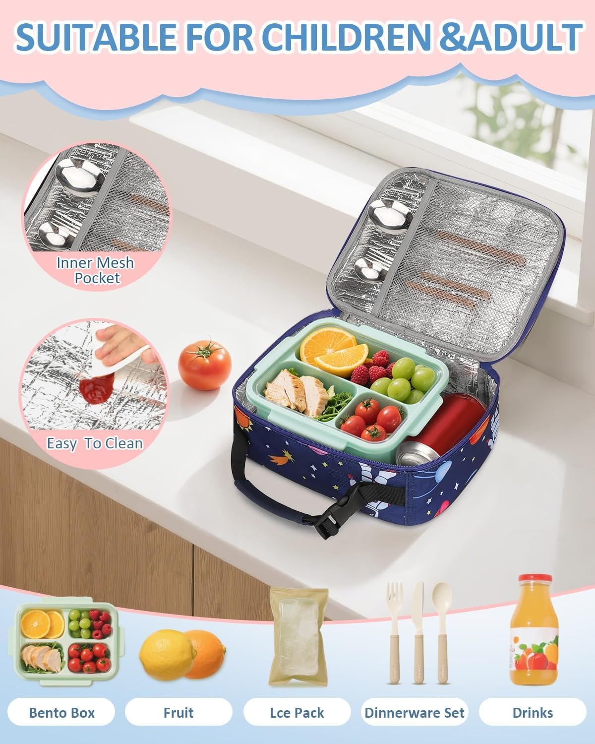 image:imageInsulated Lunch Box for Kids Cute Thermal Lunch Bag for School Reusable Lunch Tote for Boys and Girls Durable Cooler Bag with Easy Grab Handle Lightweight and Easy to Clean Meal Bag UnicornDeep Blue Space