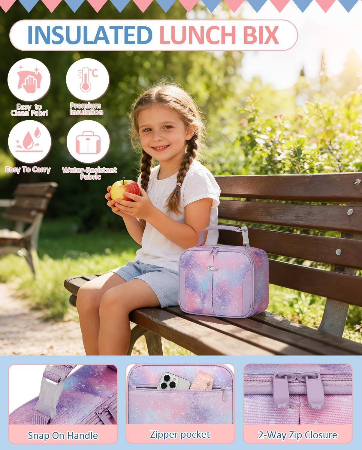 image:imageInsulated Lunch Box for Kids Cute Thermal Lunch Bag for School Reusable Lunch Tote for Boys and Girls Durable Cooler Bag with Easy Grab Handle Lightweight and Easy to Clean Meal Bag UnicornGalaxy Starry Sky