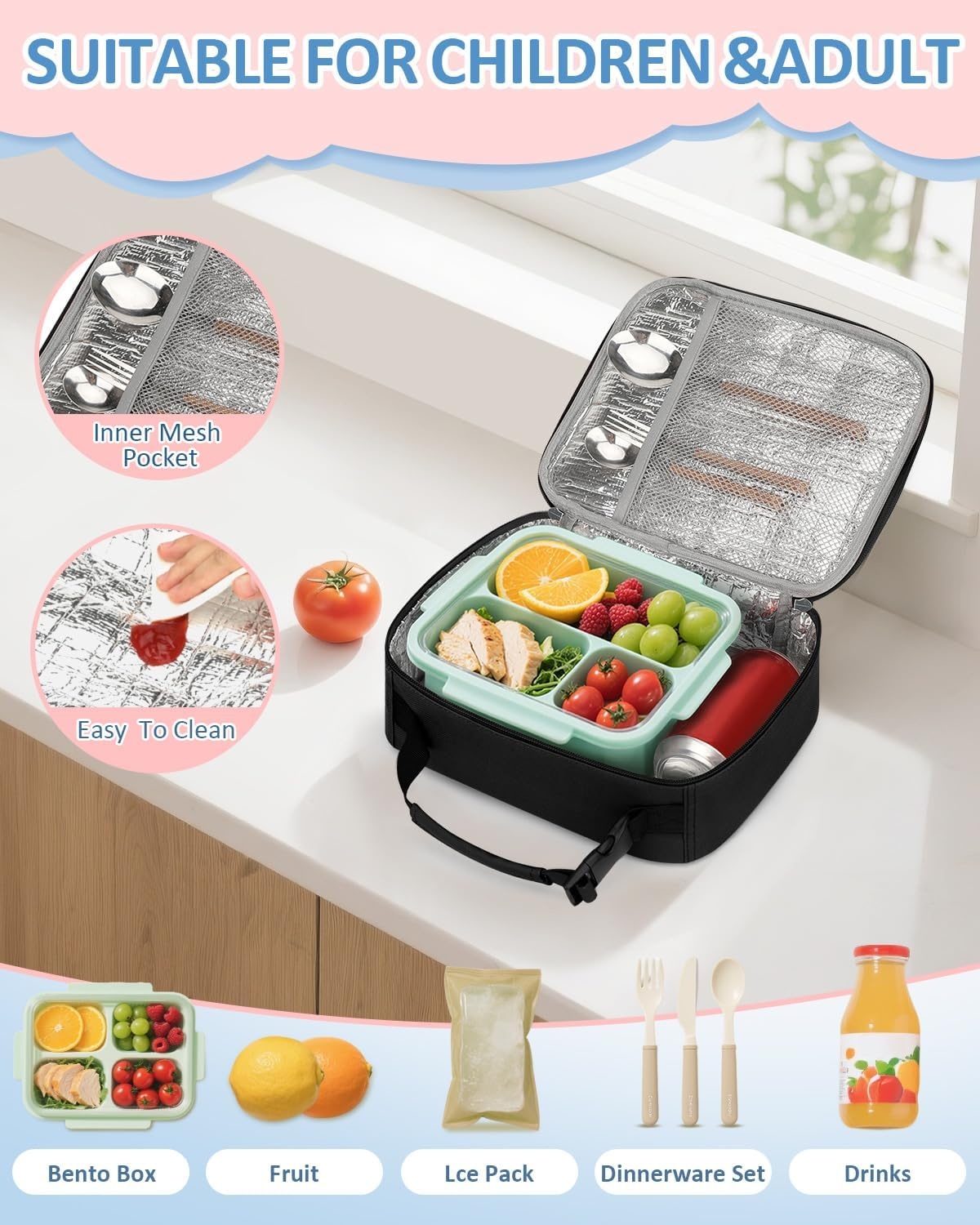 image:imageInsulated Lunch Box for Kids Cute Thermal Lunch Bag for School Reusable Lunch Tote for Boys and Girls Durable Cooler Bag with Easy Grab Handle Lightweight and Easy to Clean Meal Bag UnicornBlack