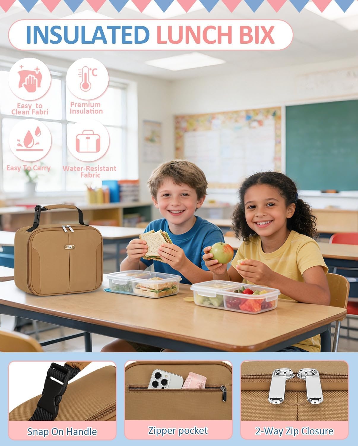 image:imageInsulated Lunch Box for Kids Cute Thermal Lunch Bag for School Reusable Lunch Tote for Boys and Girls Durable Cooler Bag with Easy Grab Handle Lightweight and Easy to Clean Meal Bag UnicornKhaki