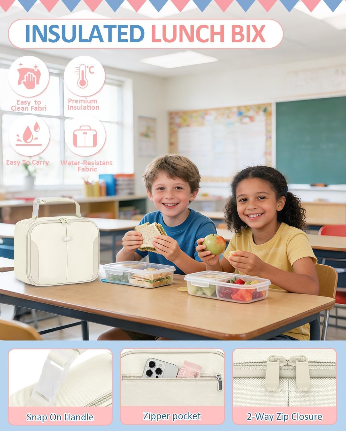 image:imageInsulated Lunch Box for Kids Cute Thermal Lunch Bag for School Reusable Lunch Tote for Boys and Girls Durable Cooler Bag with Easy Grab Handle Lightweight and Easy to Clean Meal Bag UnicornBeige
