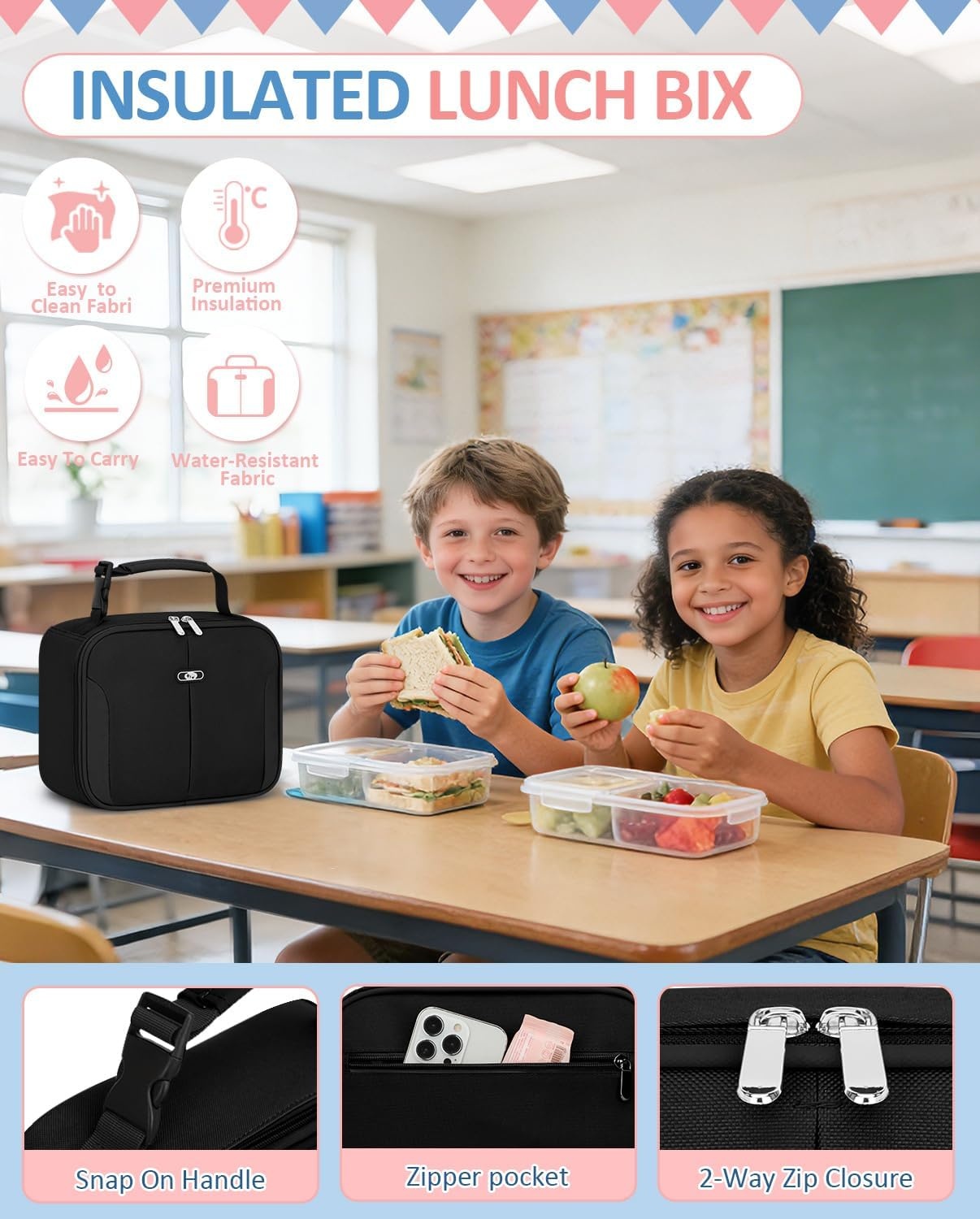 image:imageInsulated Lunch Box for Kids Cute Thermal Lunch Bag for School Reusable Lunch Tote for Boys and Girls Durable Cooler Bag with Easy Grab Handle Lightweight and Easy to Clean Meal Bag UnicornBlack