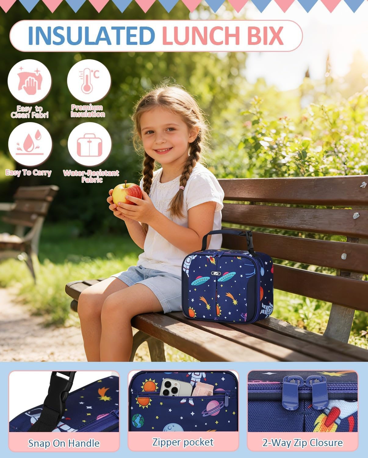 image:imageInsulated Lunch Box for Kids Cute Thermal Lunch Bag for School Reusable Lunch Tote for Boys and Girls Durable Cooler Bag with Easy Grab Handle Lightweight and Easy to Clean Meal Bag UnicornDeep Blue Space
