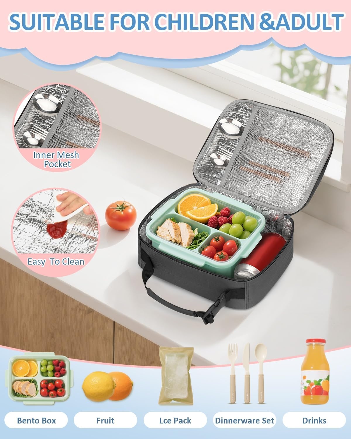 image:imageInsulated Lunch Box for Kids Cute Thermal Lunch Bag for School Reusable Lunch Tote for Boys and Girls Durable Cooler Bag with Easy Grab Handle Lightweight and Easy to Clean Meal Bag UnicornGray