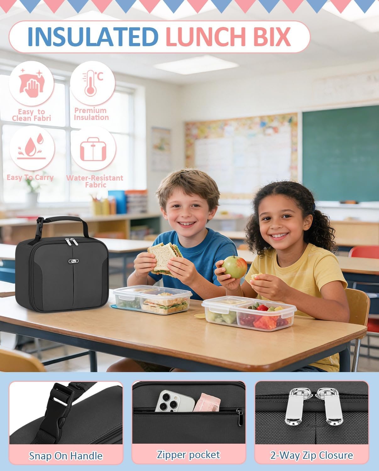 image:imageInsulated Lunch Box for Kids Cute Thermal Lunch Bag for School Reusable Lunch Tote for Boys and Girls Durable Cooler Bag with Easy Grab Handle Lightweight and Easy to Clean Meal Bag UnicornGray
