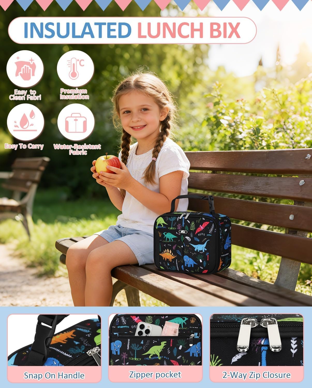 image:imageInsulated Lunch Box for Kids Cute Thermal Lunch Bag for School Reusable Lunch Tote for Boys and Girls Durable Cooler Bag with Easy Grab Handle Lightweight and Easy to Clean Meal Bag UnicornDinosaurs