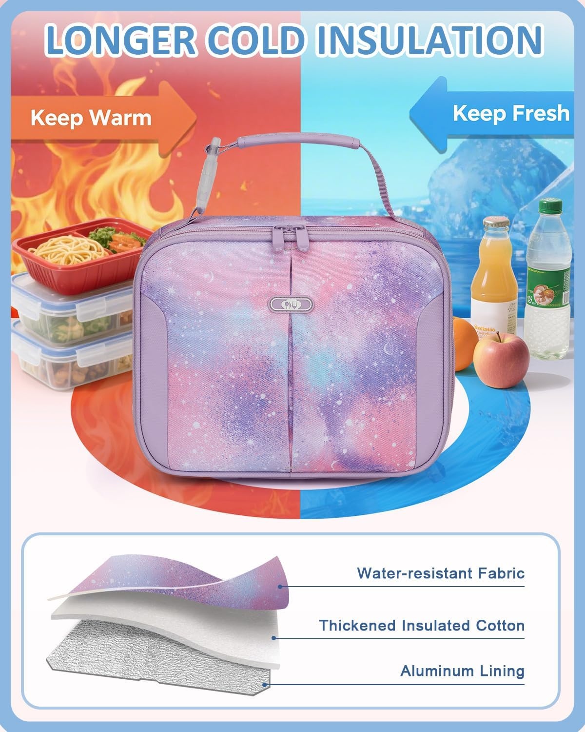 image:imageInsulated Lunch Box for Kids Cute Thermal Lunch Bag for School Reusable Lunch Tote for Boys and Girls Durable Cooler Bag with Easy Grab Handle Lightweight and Easy to Clean Meal Bag UnicornGalaxy Starry Sky