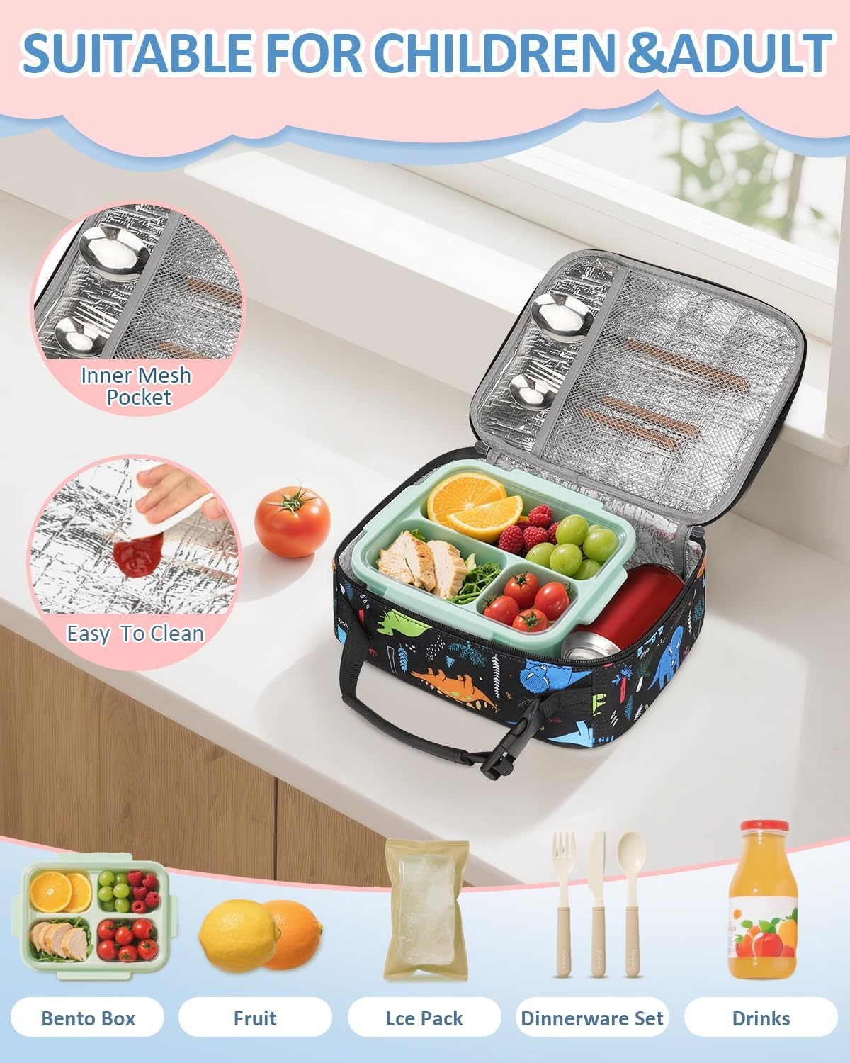 image:imageInsulated Lunch Box for Kids Cute Thermal Lunch Bag for School Reusable Lunch Tote for Boys and Girls Durable Cooler Bag with Easy Grab Handle Lightweight and Easy to Clean Meal Bag UnicornDinosaurs