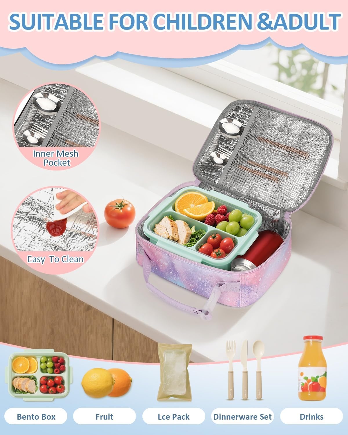 image:imageInsulated Lunch Box for Kids Cute Thermal Lunch Bag for School Reusable Lunch Tote for Boys and Girls Durable Cooler Bag with Easy Grab Handle Lightweight and Easy to Clean Meal Bag UnicornGalaxy Starry Sky