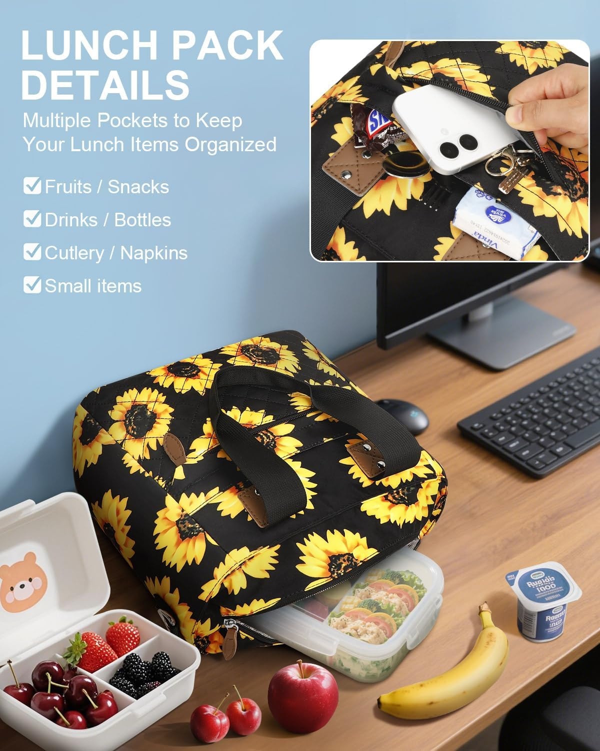 image:imageInsulated Lunch Box for Women amp Men Large Thermal Lunch Bag Women with Removable Shoulder Strap Reusable Lunch Cooler Tote Bags Purse for Adults Work Picnic Hiking Beach Travel MSunflowerSunflower
