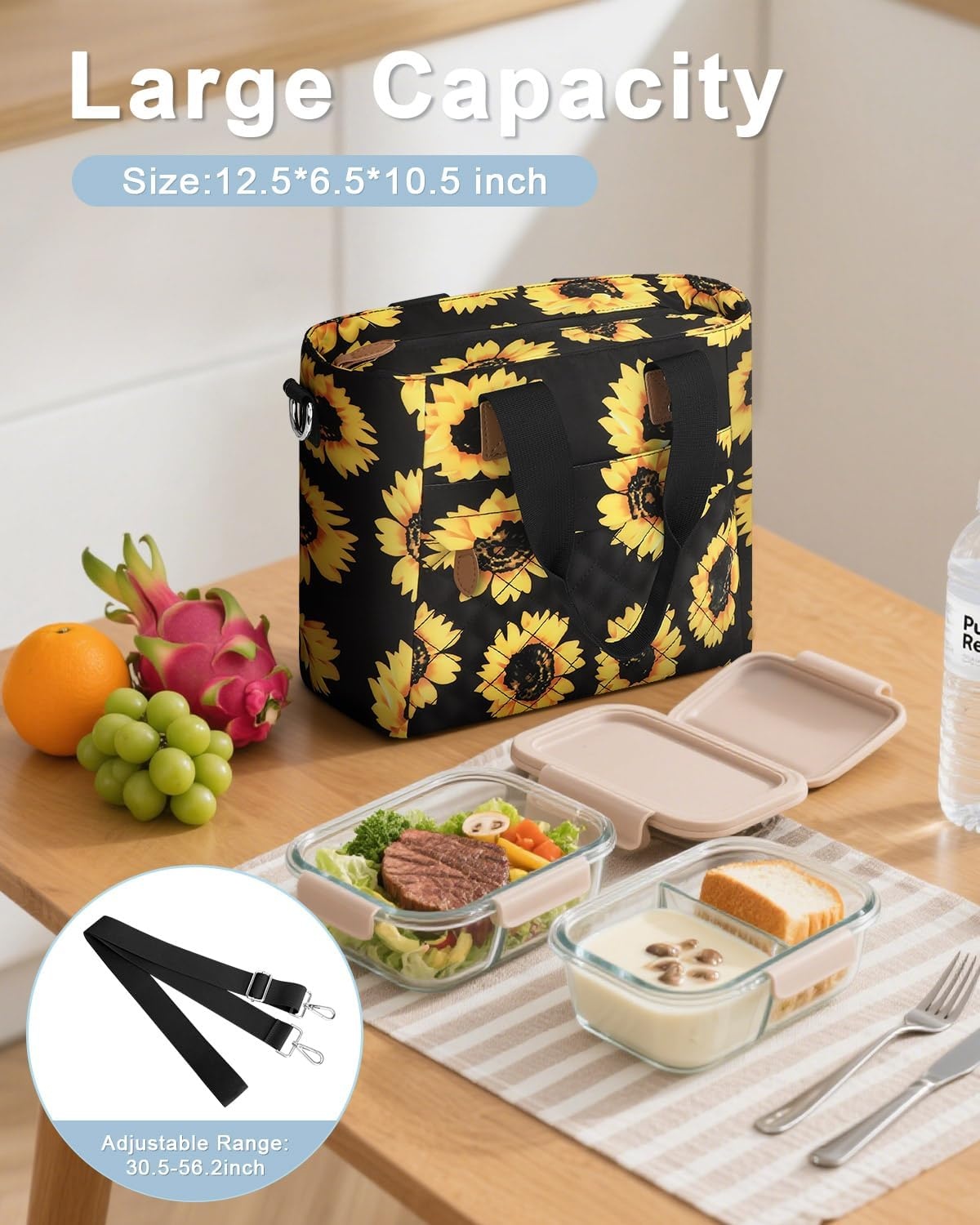 image:imageInsulated Lunch Box for Women amp Men Large Thermal Lunch Bag Women with Removable Shoulder Strap Reusable Lunch Cooler Tote Bags Purse for Adults Work Picnic Hiking Beach Travel MSunflowerSunflower