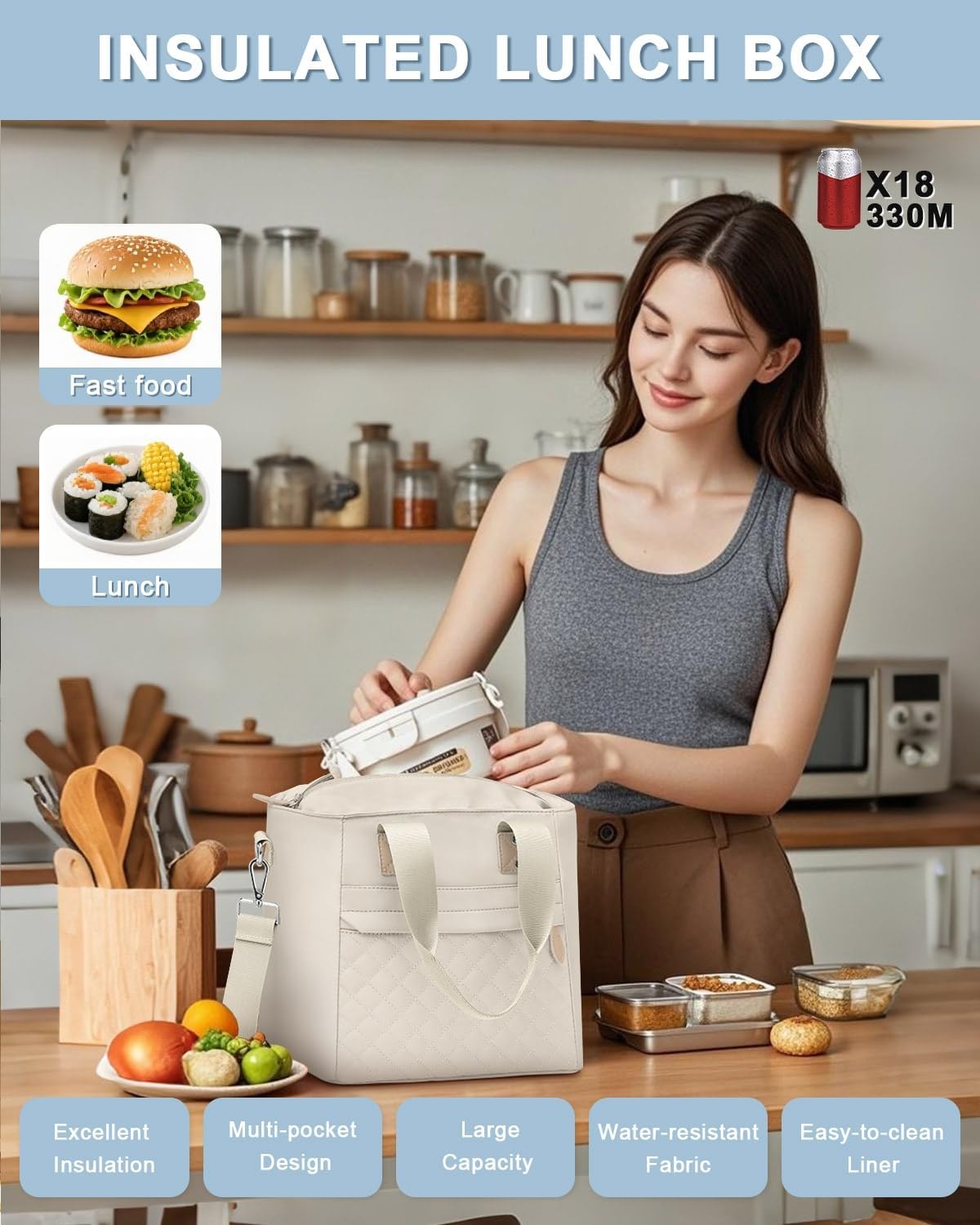 image:imageInsulated Lunch Box for Women amp Men Large Thermal Lunch Bag Women with Removable Shoulder Strap Reusable Lunch Cooler Tote Bags Purse for Adults Work Picnic Hiking Beach Travel MSunflowerWhite