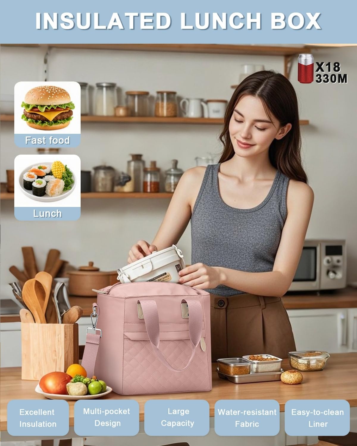 image:imageInsulated Lunch Box for Women amp Men Large Thermal Lunch Bag Women with Removable Shoulder Strap Reusable Lunch Cooler Tote Bags Purse for Adults Work Picnic Hiking Beach Travel MSunflowerPink