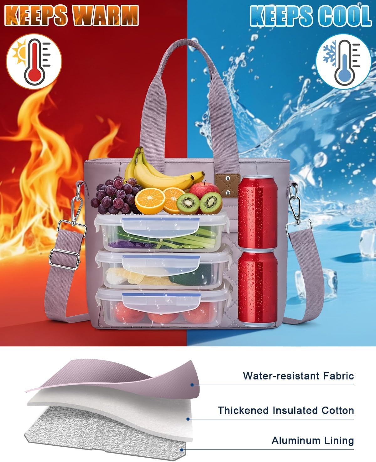 image:imageInsulated Lunch Box for Women amp Men Large Thermal Lunch Bag Women with Removable Shoulder Strap Reusable Lunch Cooler Tote Bags Purse for Adults Work Picnic Hiking Beach Travel MSunflowerPurple