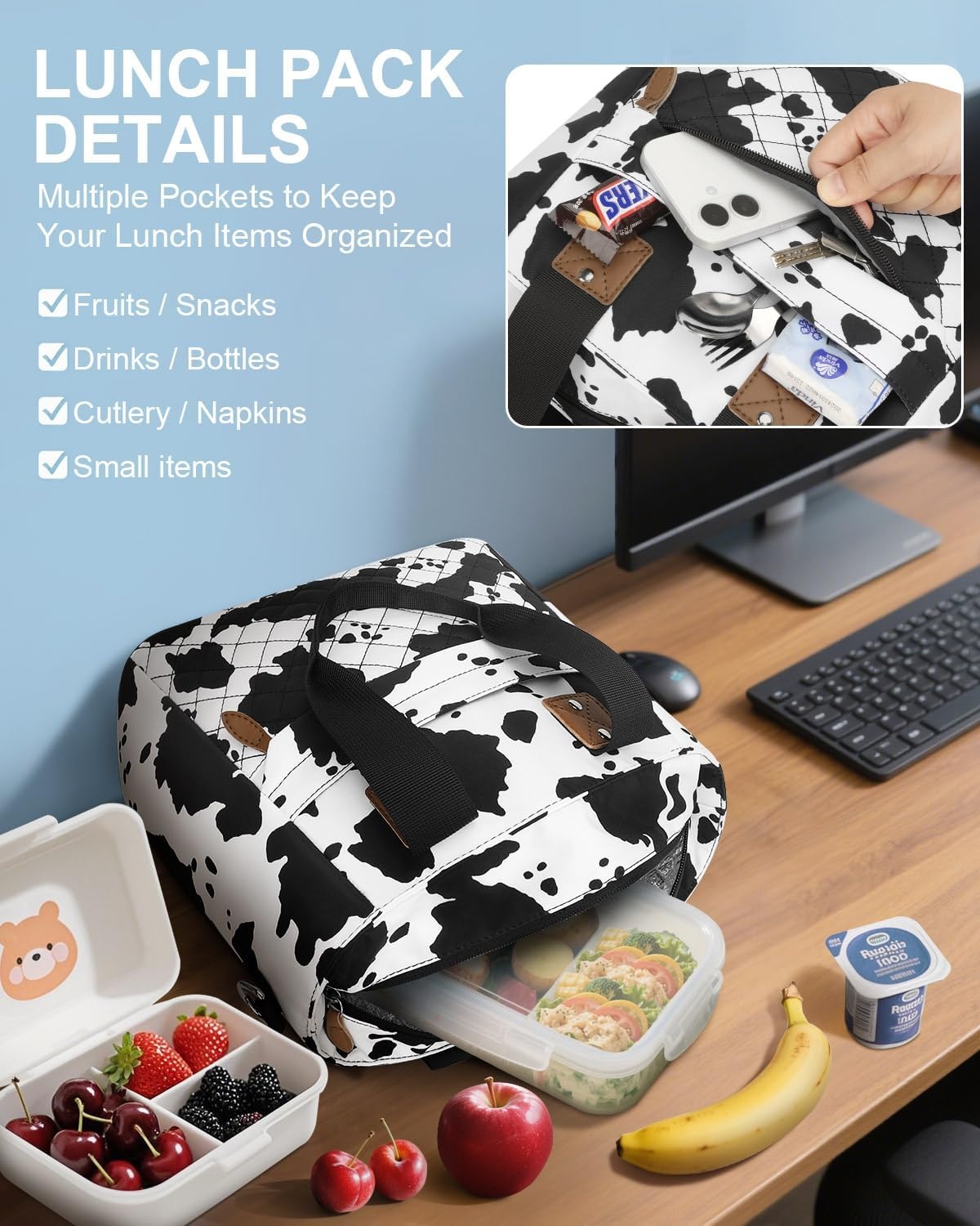 image:imageInsulated Lunch Box for Women amp Men Large Thermal Lunch Bag Women with Removable Shoulder Strap Reusable Lunch Cooler Tote Bags Purse for Adults Work Picnic Hiking Beach Travel MSunflowerCowprint