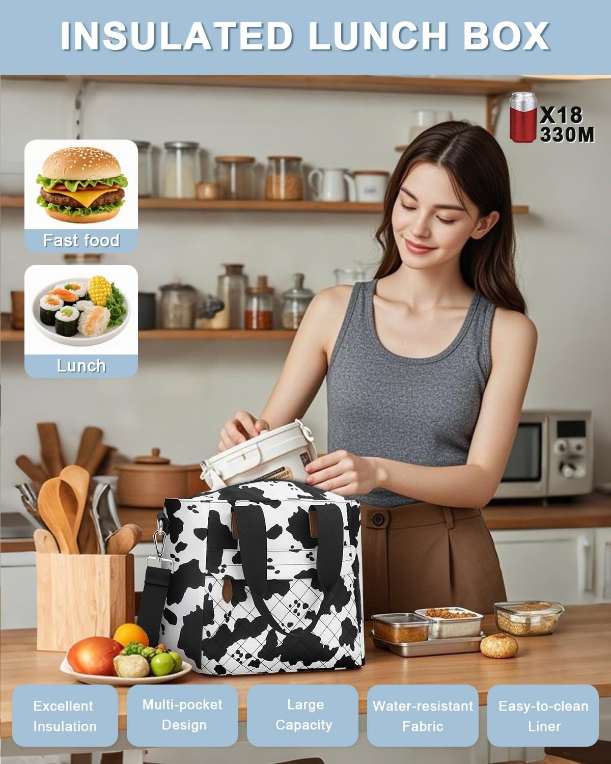 image:imageInsulated Lunch Box for Women amp Men Large Thermal Lunch Bag Women with Removable Shoulder Strap Reusable Lunch Cooler Tote Bags Purse for Adults Work Picnic Hiking Beach Travel MSunflowerCowprint
