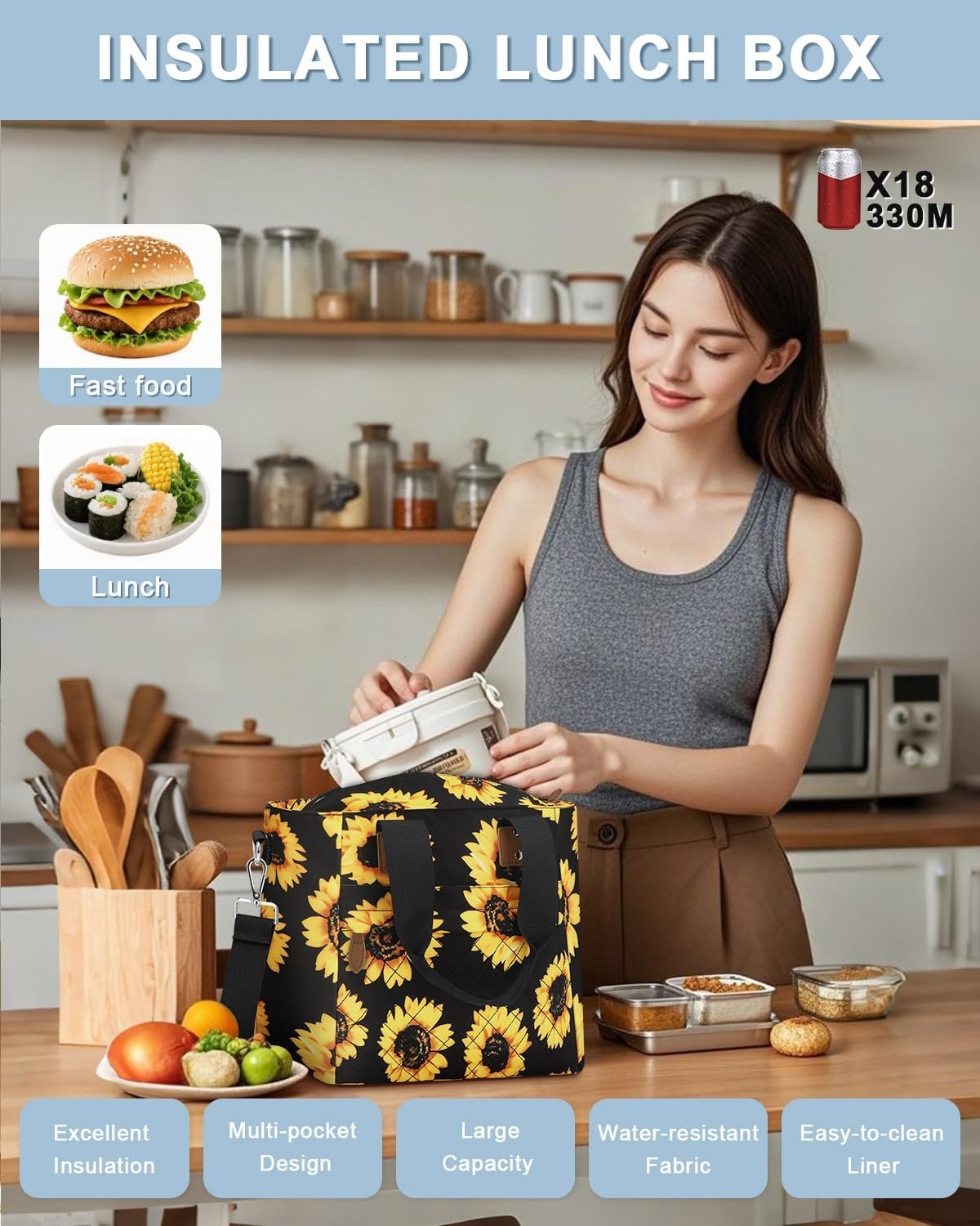 image:imageInsulated Lunch Box for Women amp Men Large Thermal Lunch Bag Women with Removable Shoulder Strap Reusable Lunch Cooler Tote Bags Purse for Adults Work Picnic Hiking Beach Travel MSunflowerSunflower