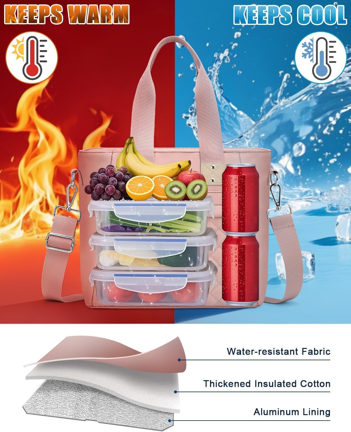 image:imageInsulated Lunch Box for Women amp Men Large Thermal Lunch Bag Women with Removable Shoulder Strap Reusable Lunch Cooler Tote Bags Purse for Adults Work Picnic Hiking Beach Travel MSunflowerPink