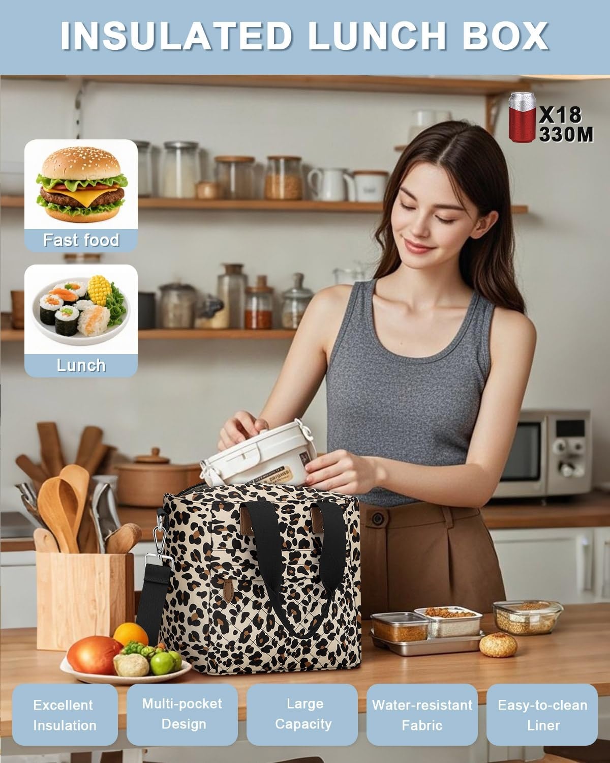 image:imageInsulated Lunch Box for Women amp Men Large Thermal Lunch Bag Women with Removable Shoulder Strap Reusable Lunch Cooler Tote Bags Purse for Adults Work Picnic Hiking Beach Travel MSunflowerLeopard
