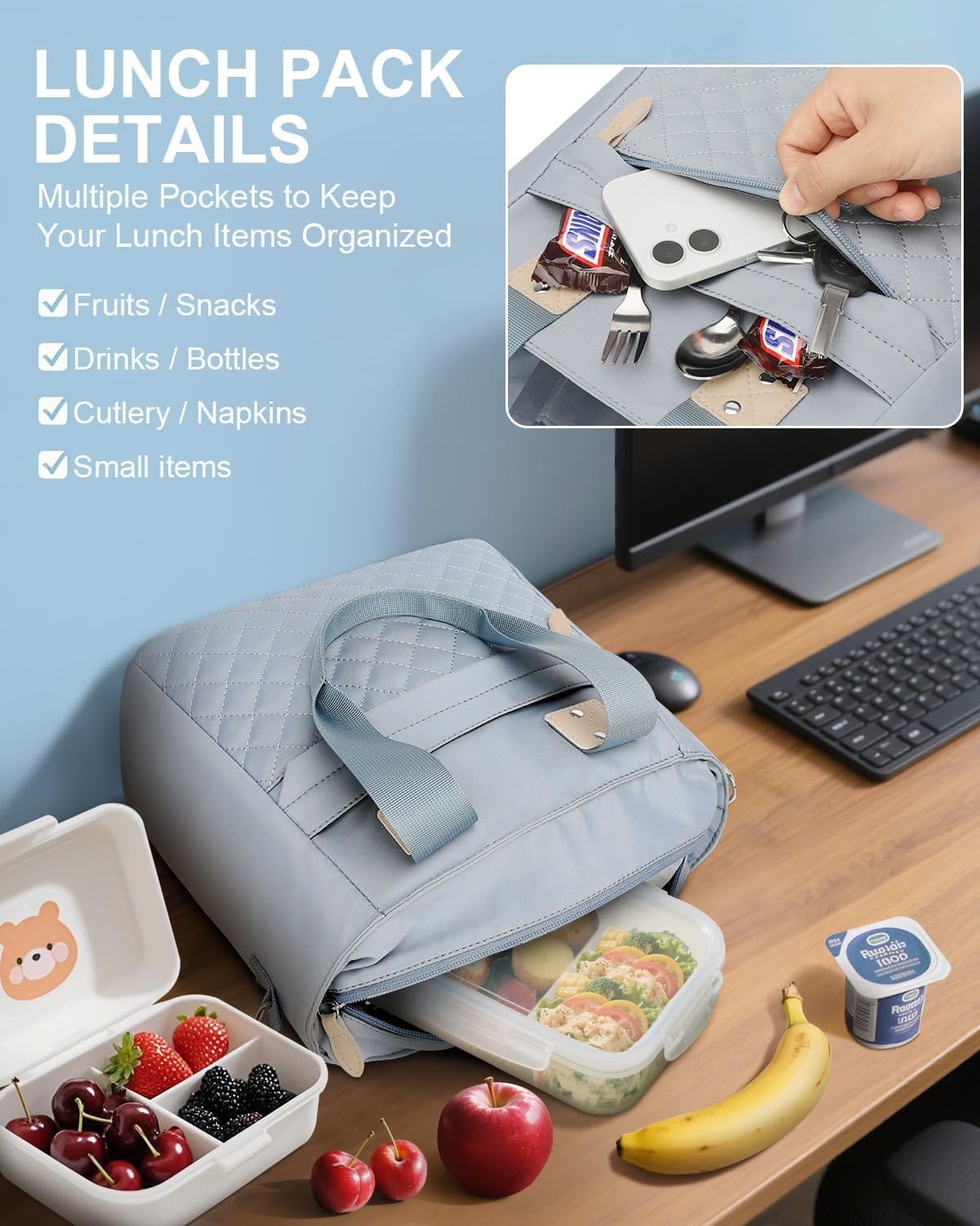 image:imageInsulated Lunch Box for Women amp Men Large Thermal Lunch Bag Women with Removable Shoulder Strap Reusable Lunch Cooler Tote Bags Purse for Adults Work Picnic Hiking Beach Travel MSunflowerBlue