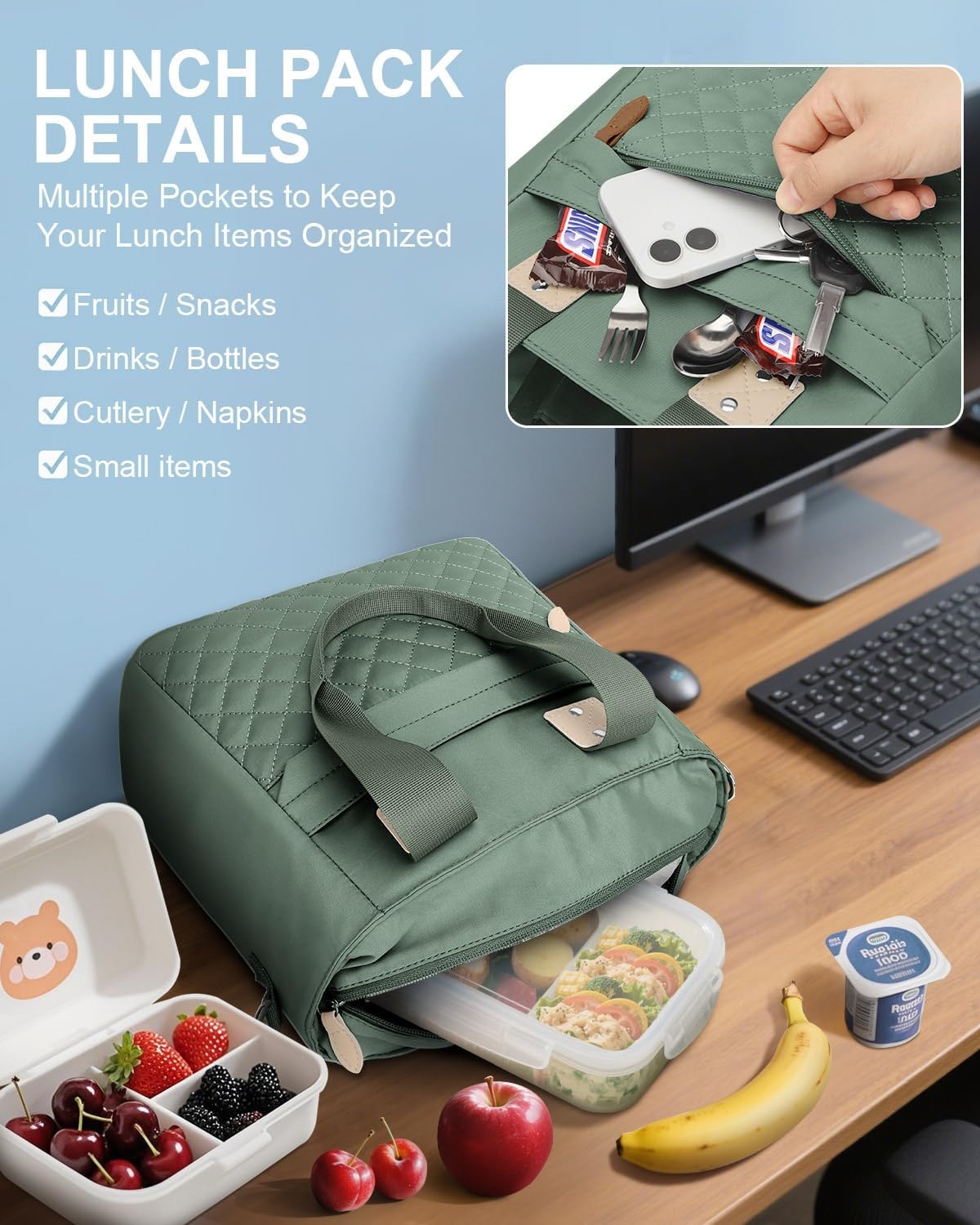 image:imageInsulated Lunch Box for Women amp Men Large Thermal Lunch Bag Women with Removable Shoulder Strap Reusable Lunch Cooler Tote Bags Purse for Adults Work Picnic Hiking Beach Travel MSunflowerGreen