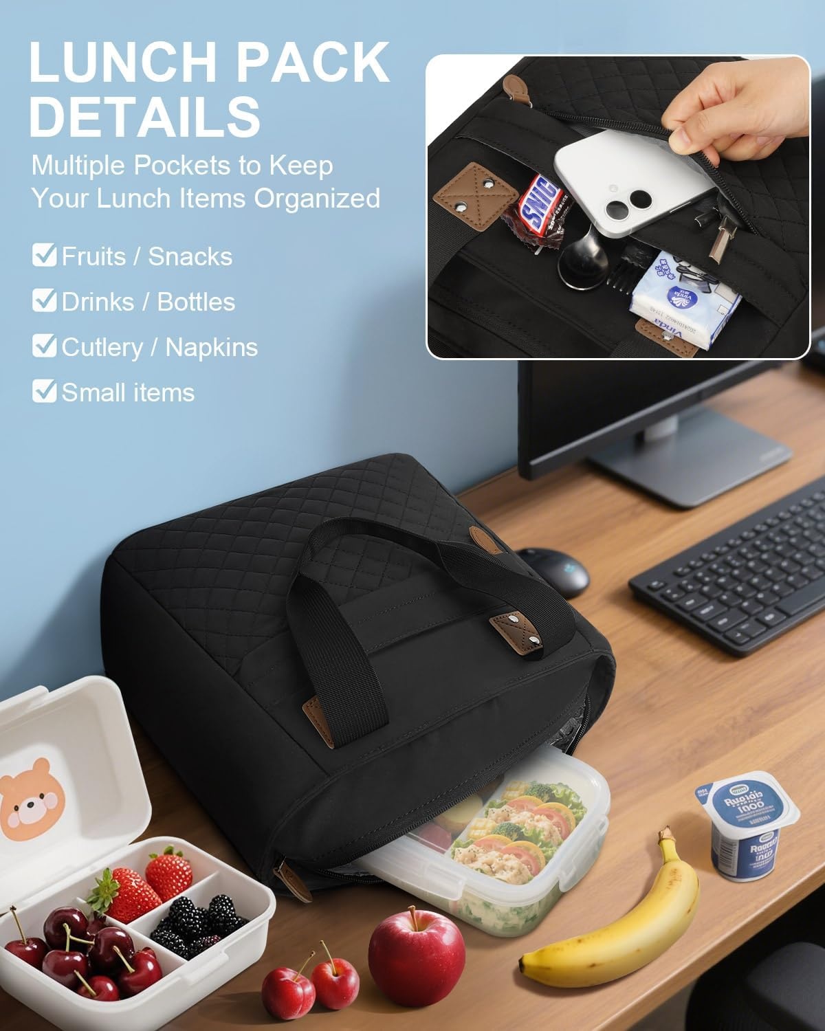 image:imageInsulated Lunch Box for Women amp Men Large Thermal Lunch Bag Women with Removable Shoulder Strap Reusable Lunch Cooler Tote Bags Purse for Adults Work Picnic Hiking Beach Travel MSunflowerBlack