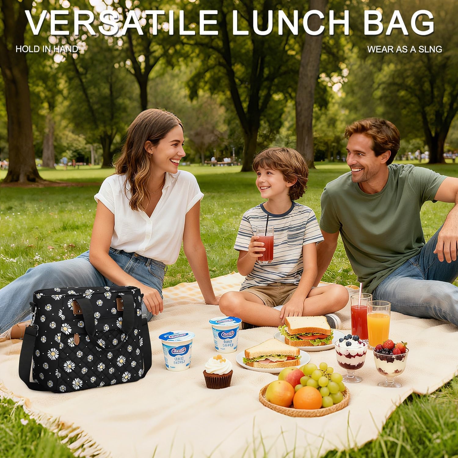 image:imageInsulated Lunch Box for Women amp Men Large Thermal Lunch Bag Women with Removable Shoulder Strap Reusable Lunch Cooler Tote Bags Purse for Adults Work Picnic Hiking Beach Travel MSunflowerDaisy