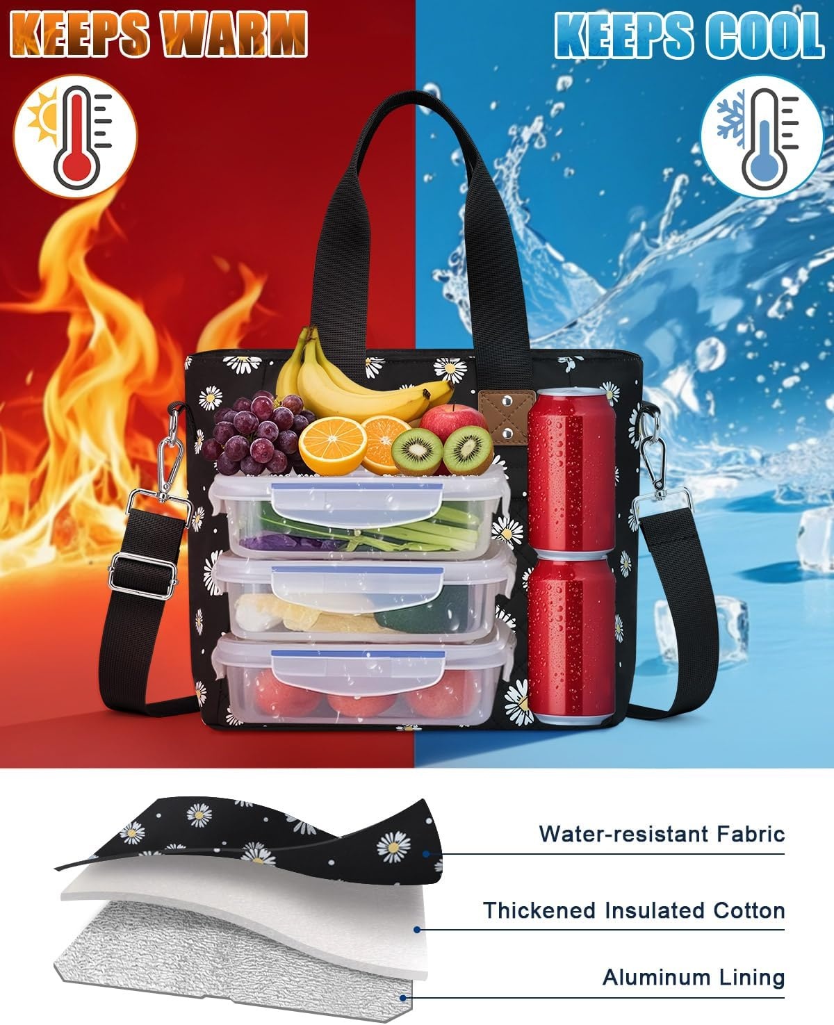 image:imageInsulated Lunch Box for Women amp Men Large Thermal Lunch Bag Women with Removable Shoulder Strap Reusable Lunch Cooler Tote Bags Purse for Adults Work Picnic Hiking Beach Travel MSunflowerDaisy