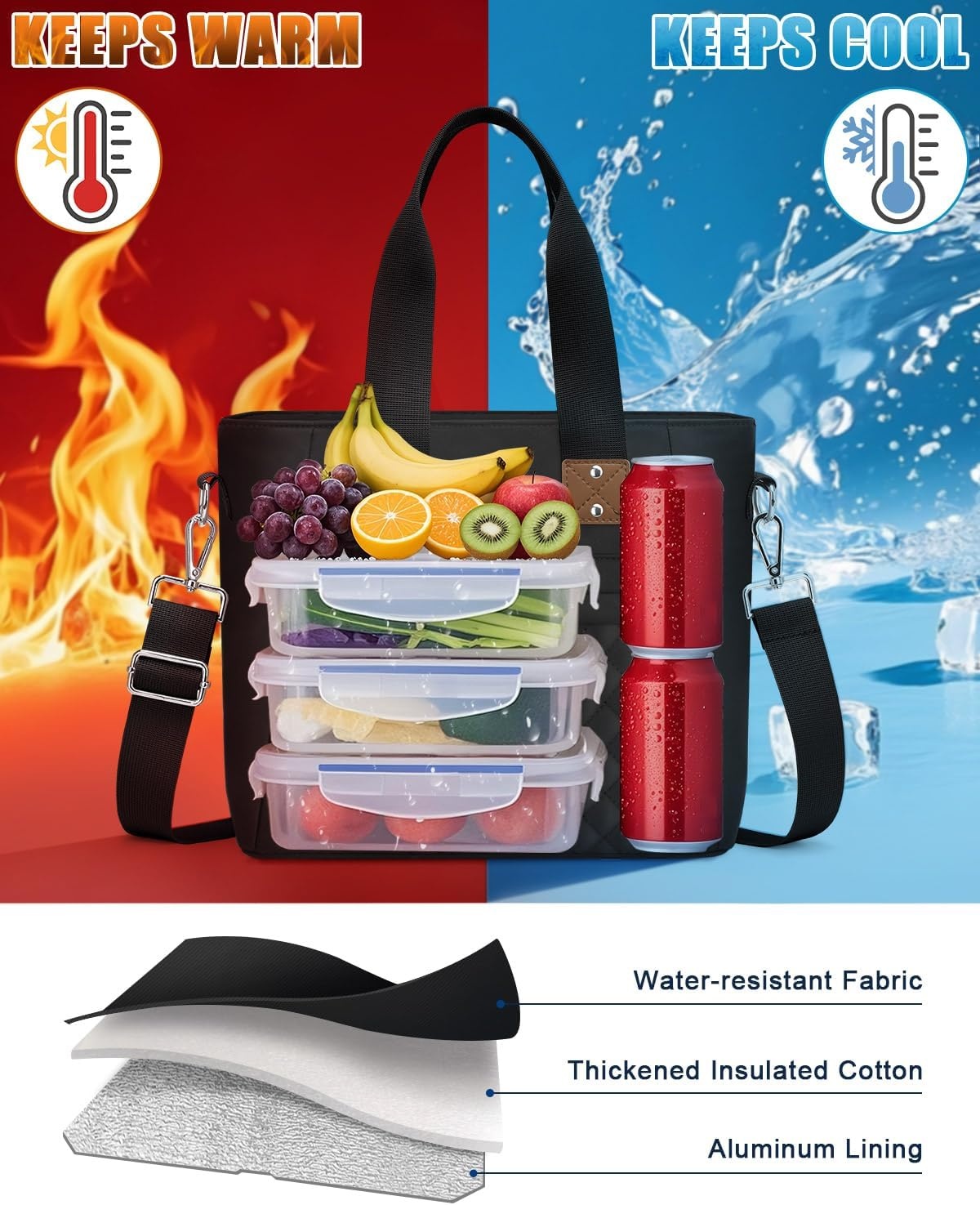 image:imageInsulated Lunch Box for Women amp Men Large Thermal Lunch Bag Women with Removable Shoulder Strap Reusable Lunch Cooler Tote Bags Purse for Adults Work Picnic Hiking Beach Travel MSunflowerBlack