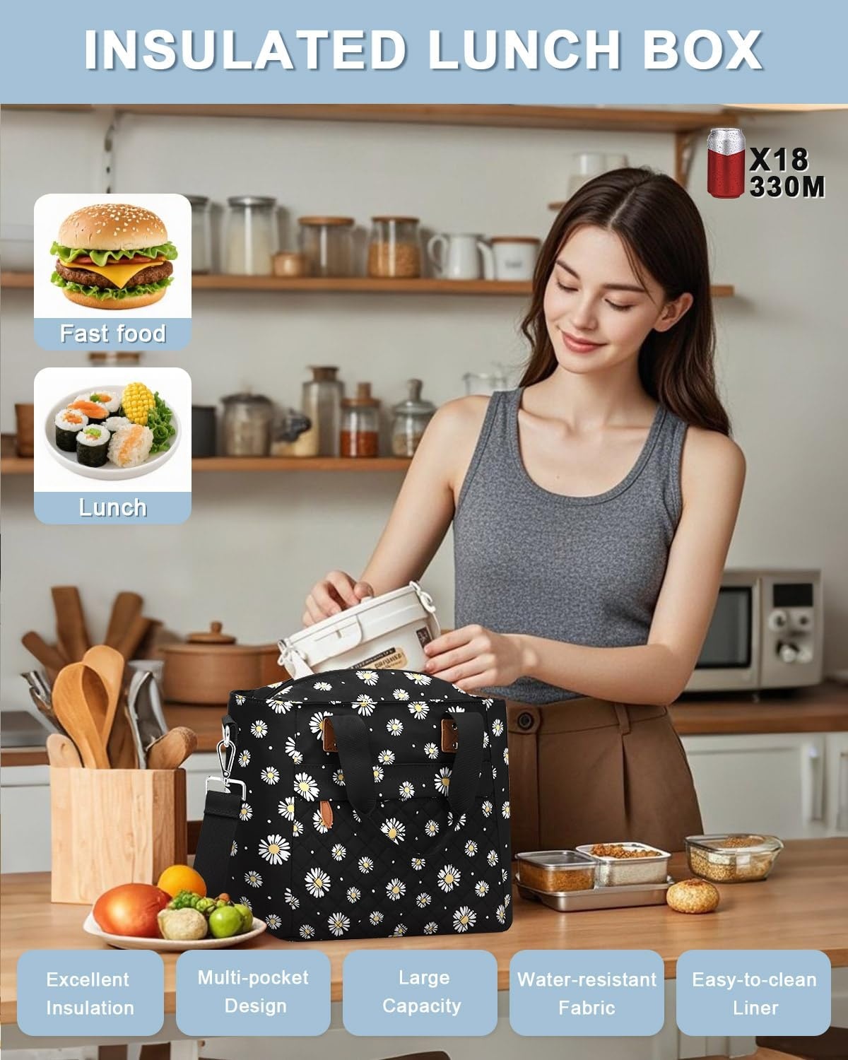 image:imageInsulated Lunch Box for Women amp Men Large Thermal Lunch Bag Women with Removable Shoulder Strap Reusable Lunch Cooler Tote Bags Purse for Adults Work Picnic Hiking Beach Travel MSunflowerDaisy