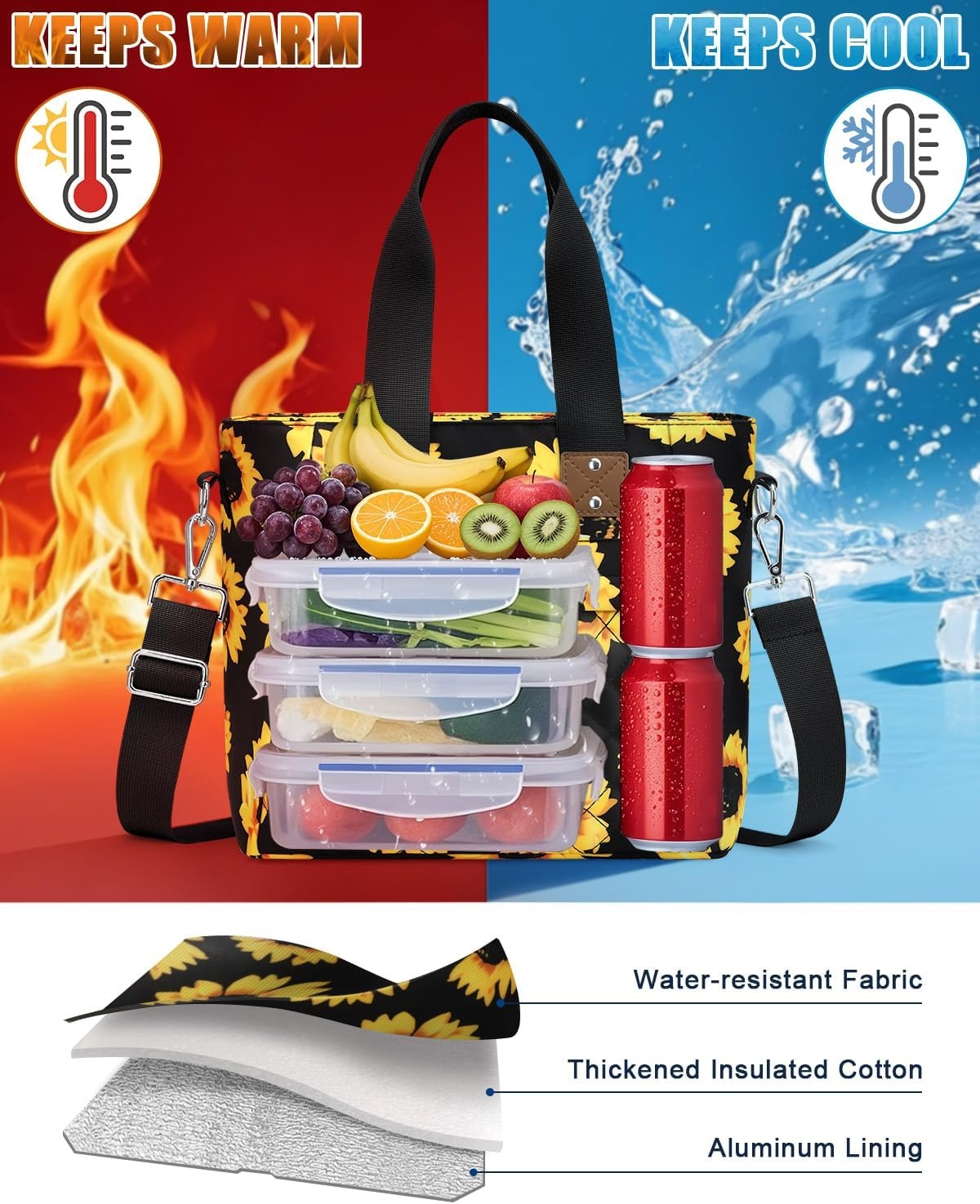 image:imageInsulated Lunch Box for Women amp Men Large Thermal Lunch Bag Women with Removable Shoulder Strap Reusable Lunch Cooler Tote Bags Purse for Adults Work Picnic Hiking Beach Travel MSunflowerSunflower