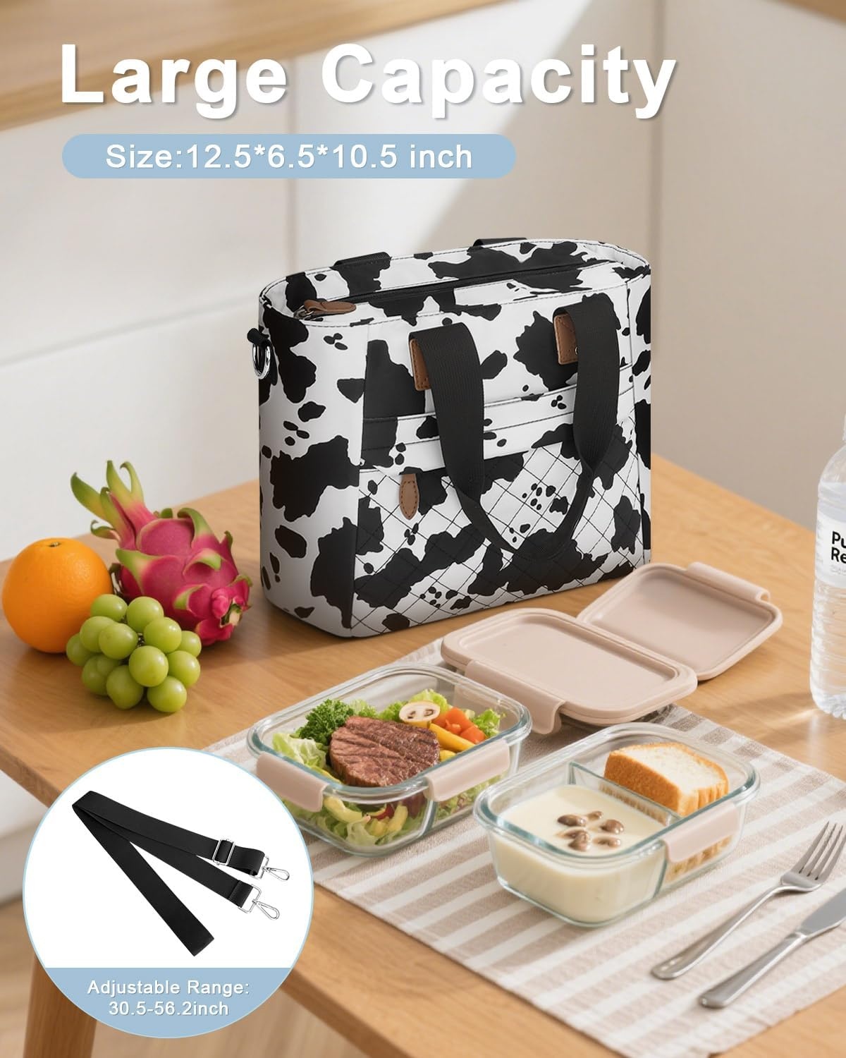 image:imageInsulated Lunch Box for Women amp Men Large Thermal Lunch Bag Women with Removable Shoulder Strap Reusable Lunch Cooler Tote Bags Purse for Adults Work Picnic Hiking Beach Travel MSunflowerCowprint