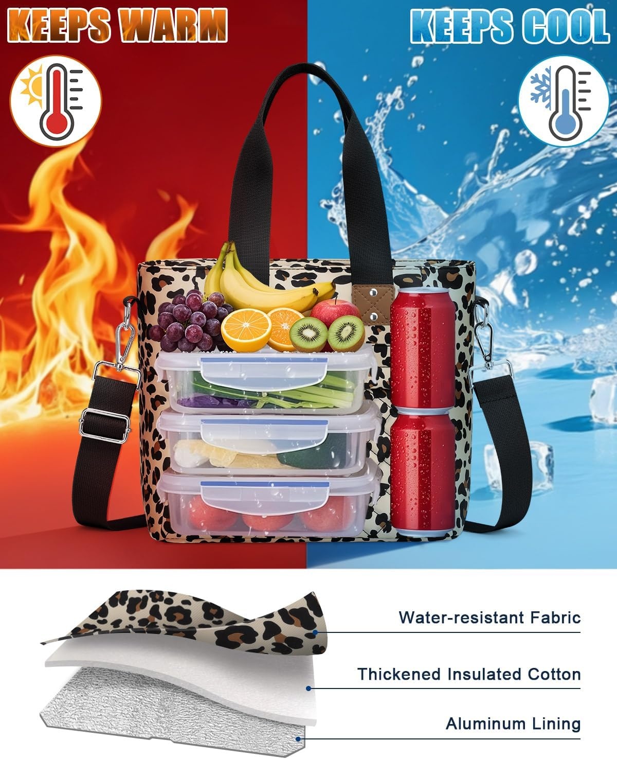 image:imageInsulated Lunch Box for Women amp Men Large Thermal Lunch Bag Women with Removable Shoulder Strap Reusable Lunch Cooler Tote Bags Purse for Adults Work Picnic Hiking Beach Travel MSunflowerLeopard