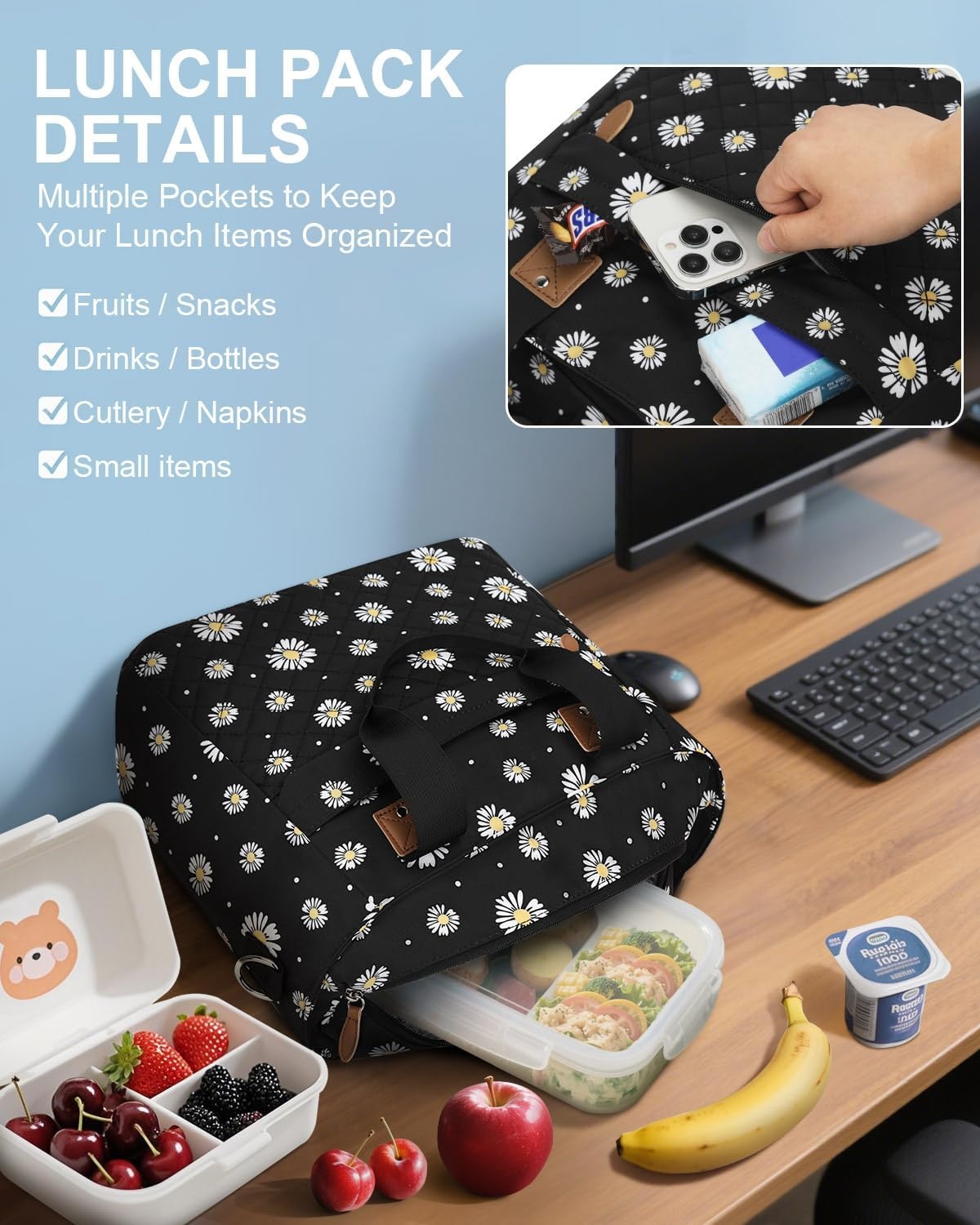 image:imageInsulated Lunch Box for Women amp Men Large Thermal Lunch Bag Women with Removable Shoulder Strap Reusable Lunch Cooler Tote Bags Purse for Adults Work Picnic Hiking Beach Travel MSunflowerDaisy