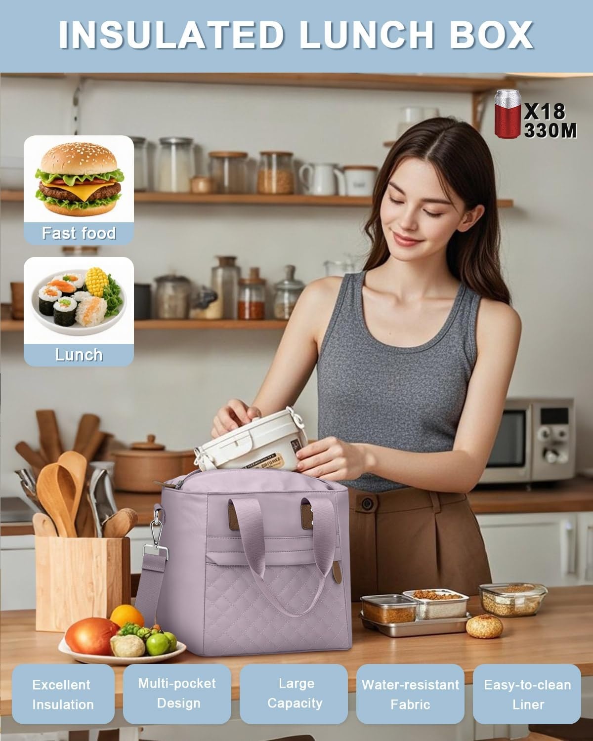 image:imageInsulated Lunch Box for Women amp Men Large Thermal Lunch Bag Women with Removable Shoulder Strap Reusable Lunch Cooler Tote Bags Purse for Adults Work Picnic Hiking Beach Travel MSunflowerPurple