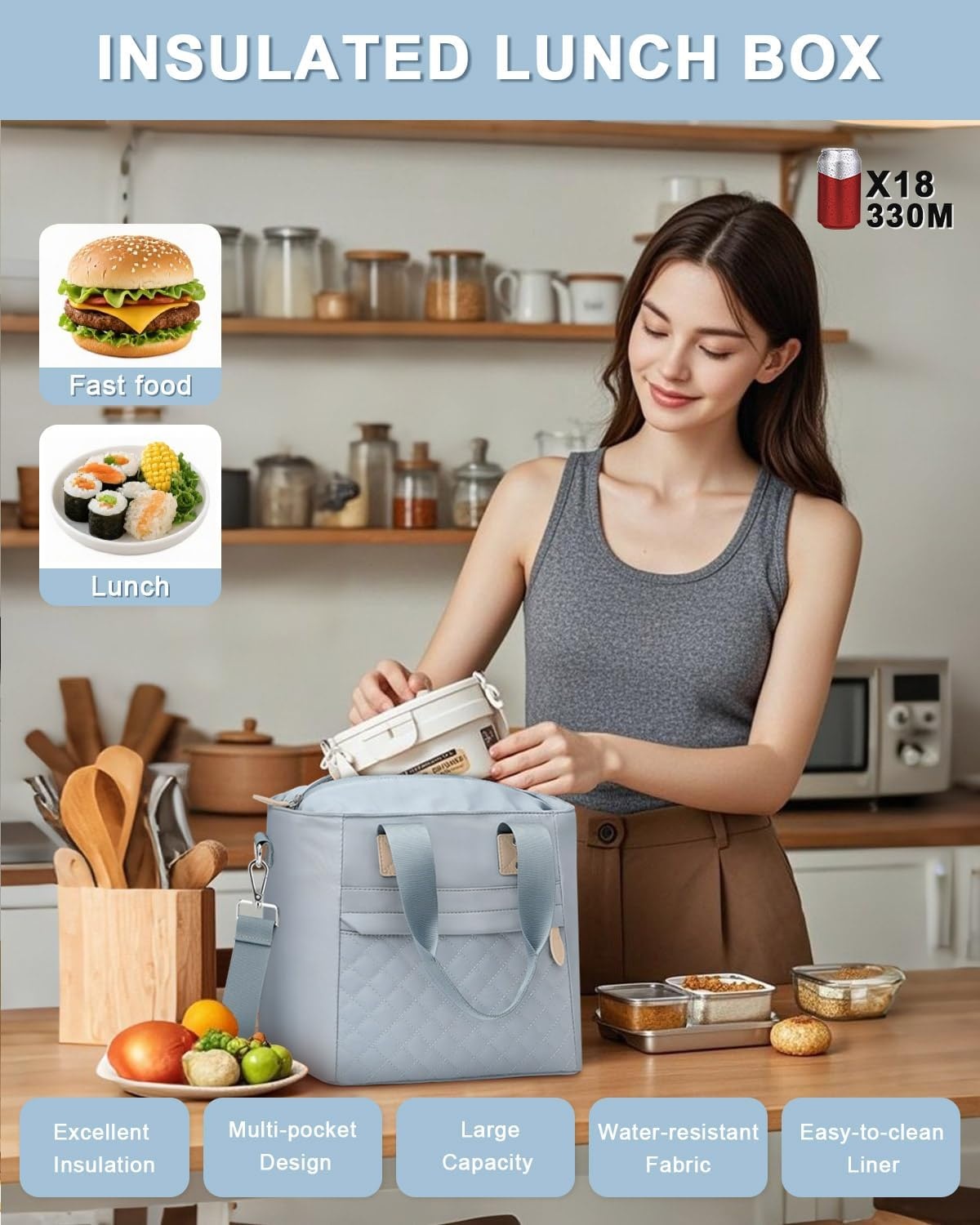 image:imageInsulated Lunch Box for Women amp Men Large Thermal Lunch Bag Women with Removable Shoulder Strap Reusable Lunch Cooler Tote Bags Purse for Adults Work Picnic Hiking Beach Travel MSunflowerBlue