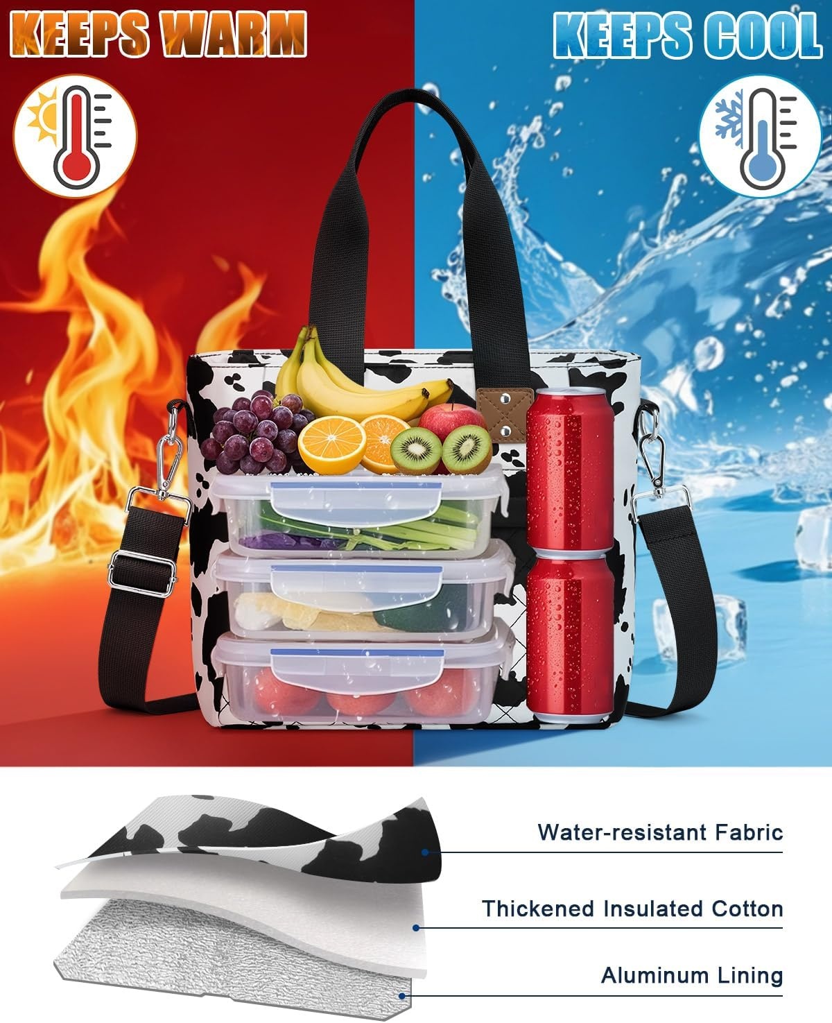 image:imageInsulated Lunch Box for Women amp Men Large Thermal Lunch Bag Women with Removable Shoulder Strap Reusable Lunch Cooler Tote Bags Purse for Adults Work Picnic Hiking Beach Travel MSunflowerCowprint