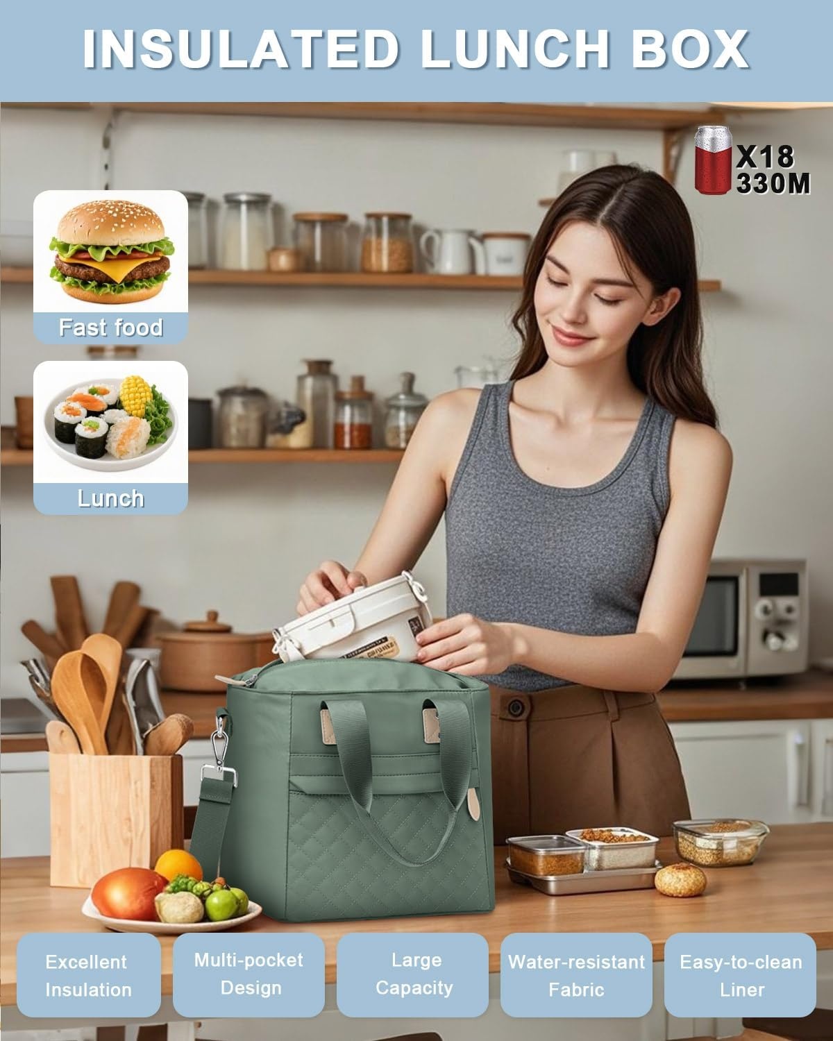 image:imageInsulated Lunch Box for Women amp Men Large Thermal Lunch Bag Women with Removable Shoulder Strap Reusable Lunch Cooler Tote Bags Purse for Adults Work Picnic Hiking Beach Travel MSunflowerGreen